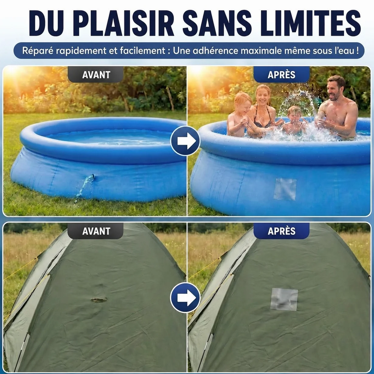 ATG® Kit réparation piscine sous l’eau – scotch étanche transparent 10×150 cm, ruban adhésif PVC