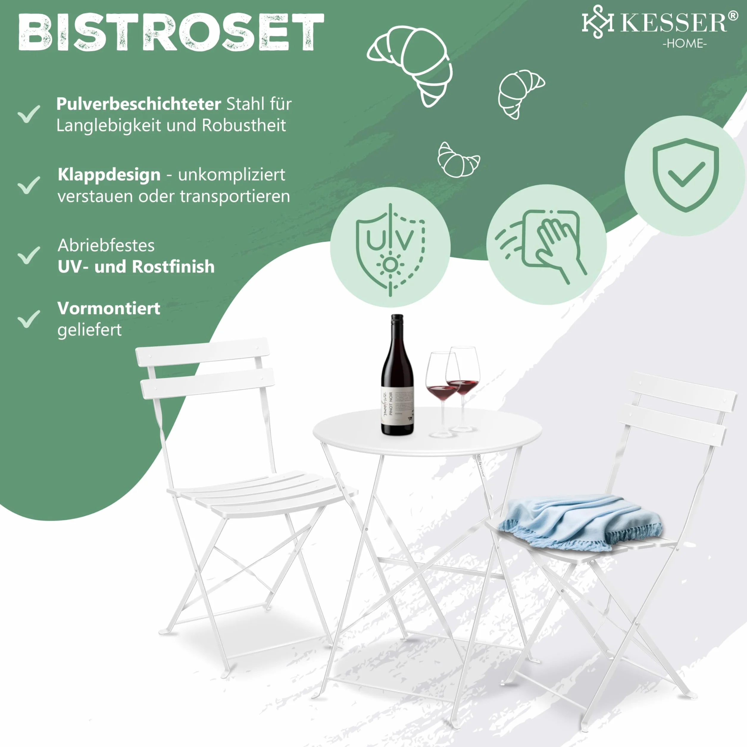 KESSER Salon de jardin métal 1 table 2 chaises pliantes blanc balcon