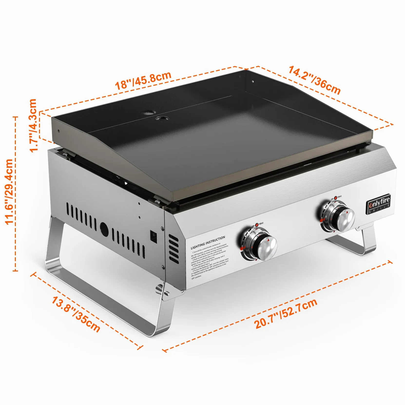 onlyfire Plancha à Gaz de Table en INOX, Barbecue Gaz avec 2 Brûleurs 4.7kW, Plancha 46x36cm avec Revêtement en Céramique Antiadhésif, Pieds Pliables pour Terrasse, Balcon et Camping