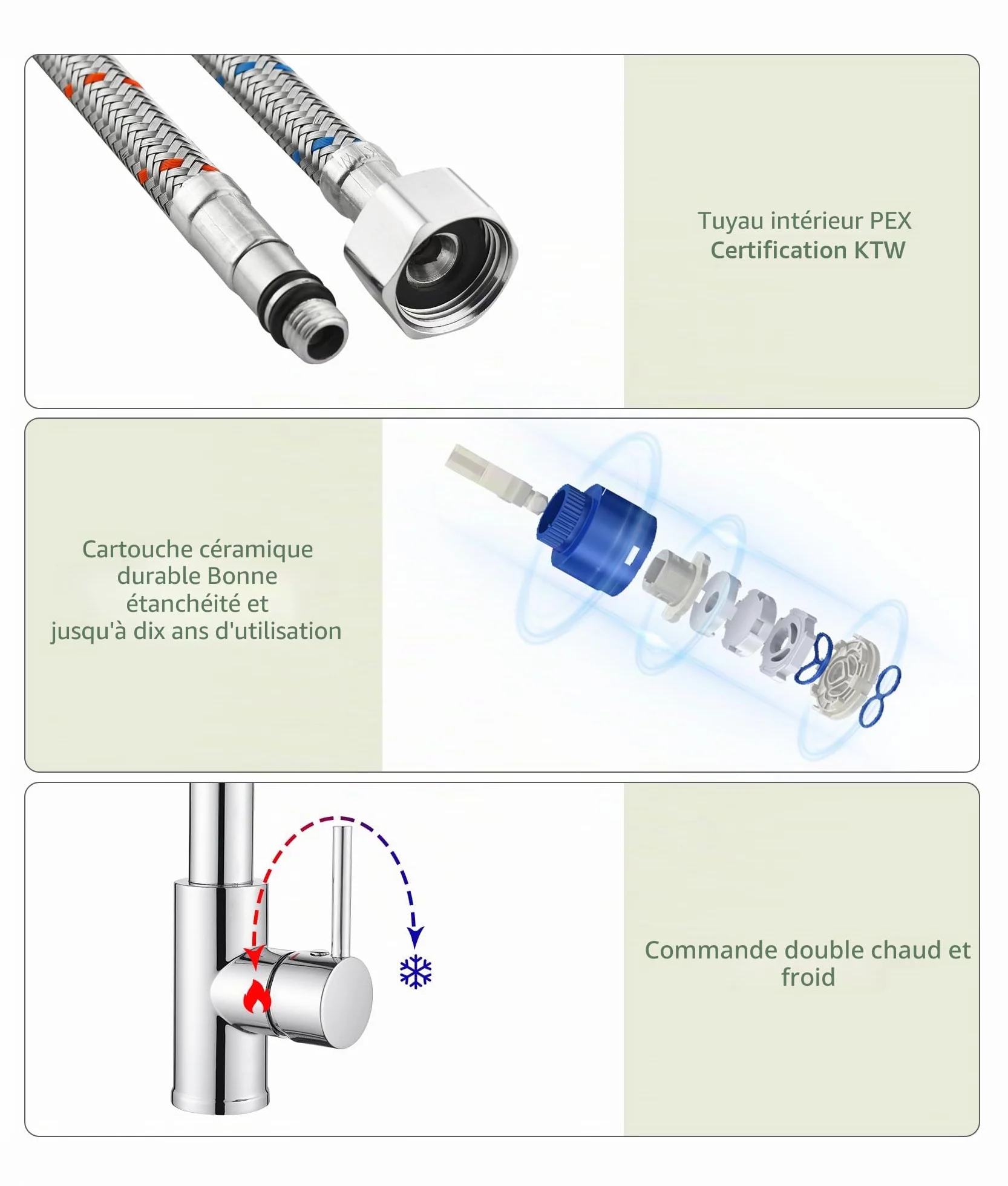 Robinet de cuisine avec douchette extractible pivotant 360° mitigeur haute pression acier inoxydable