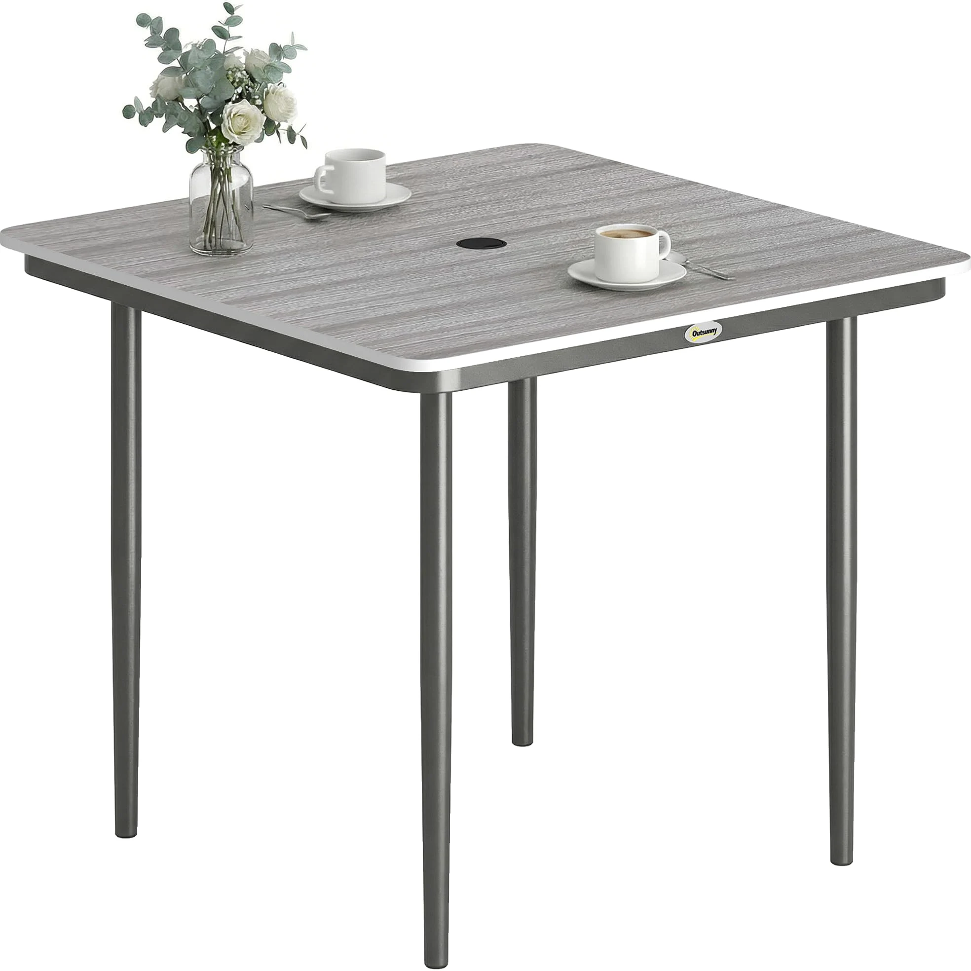 Outsunny Table de Jardin rectangulaire pour 4 Personnes, Table à Manger extérieure avec Trou de Parasol et Pieds en métal, pour Balcon, Porche, terrasse, 85 x 85 x 72,5 cm, Gris