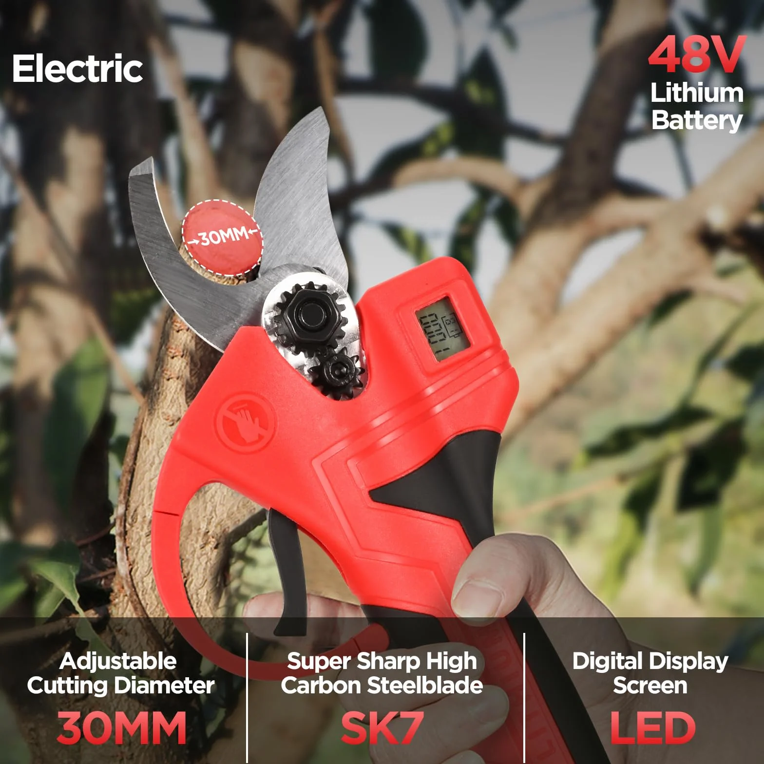 Sécateur Électrique Sans fil, 30mm Secateur Electrique, Sécateur Électrique Brushless avec 2 * 2000 mAh Batteries, Écran LCD, SK7 Lame, Professionnel Secateur à Batterie pour Jardinage, Arbre Fruitier