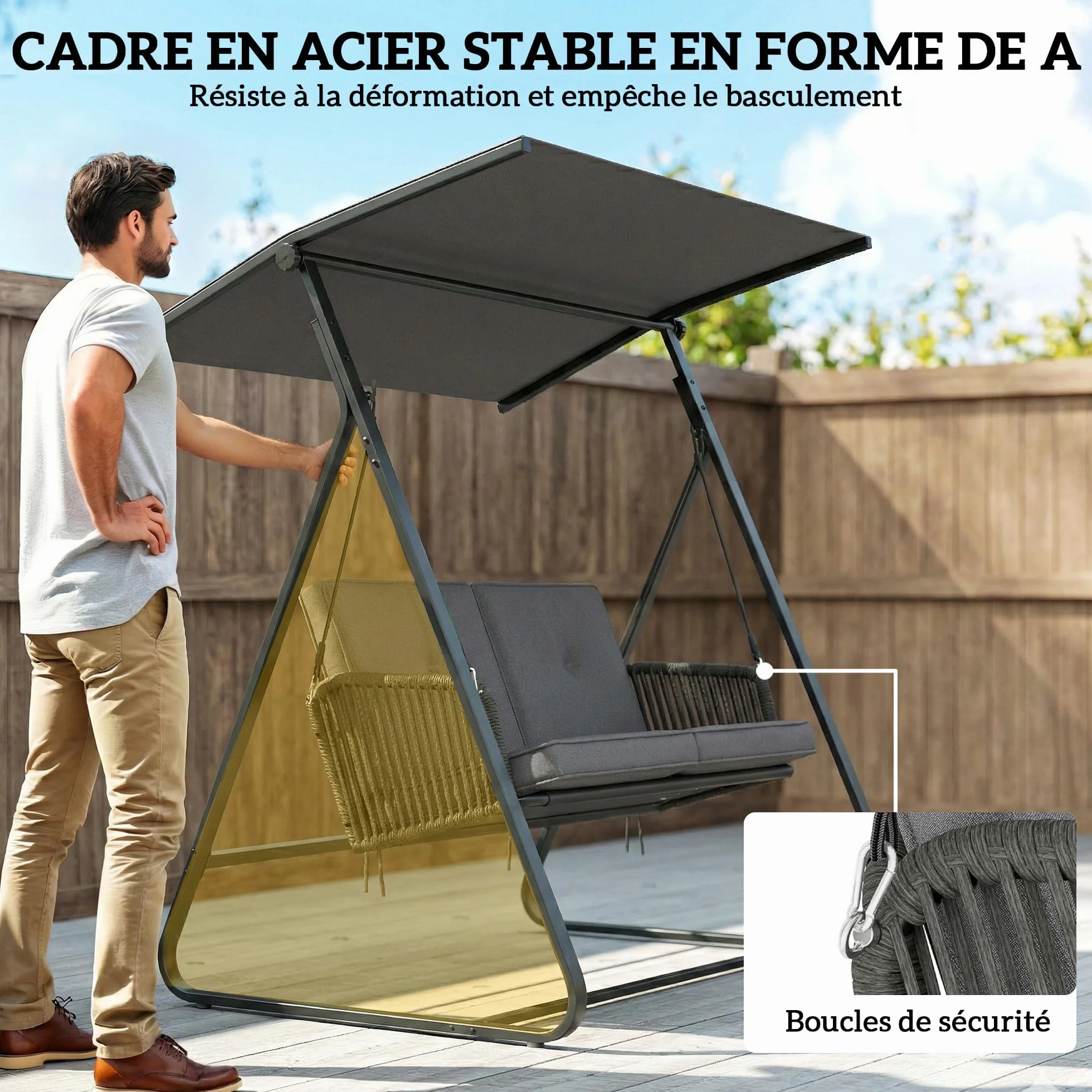 Outsunny Balancelle de Jardin 2 Places Résine Tressée Toit Réglable Coussin Épais Cadre Acier Charge 240 kg Gris 150x128x168cm