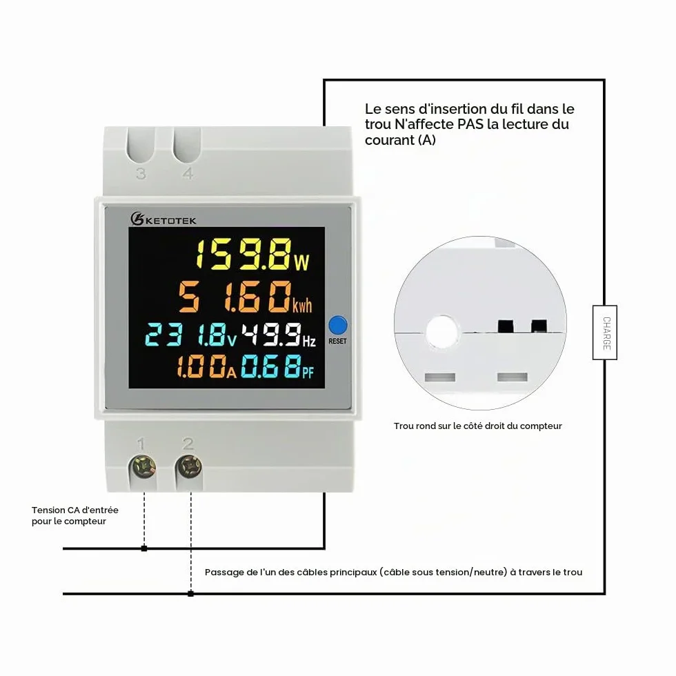 KETOTEK Compteur d'énergie numérique monophasé AC40-300V 100A DIN Rail Type CT