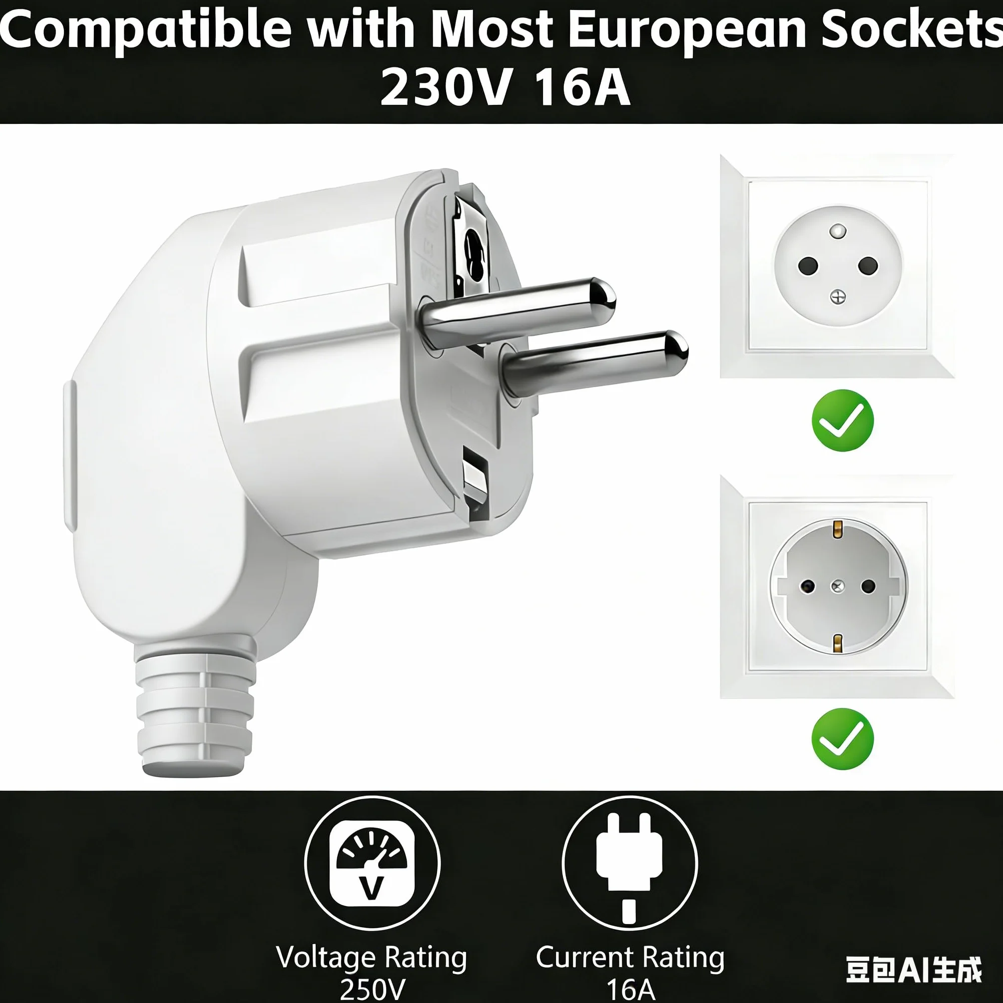Fiches Schuko coudées 250V 16A 3 pôles avec manchon anti-pliure prise de sécurité Ø 8-10 mm usage intérieur extérieur
