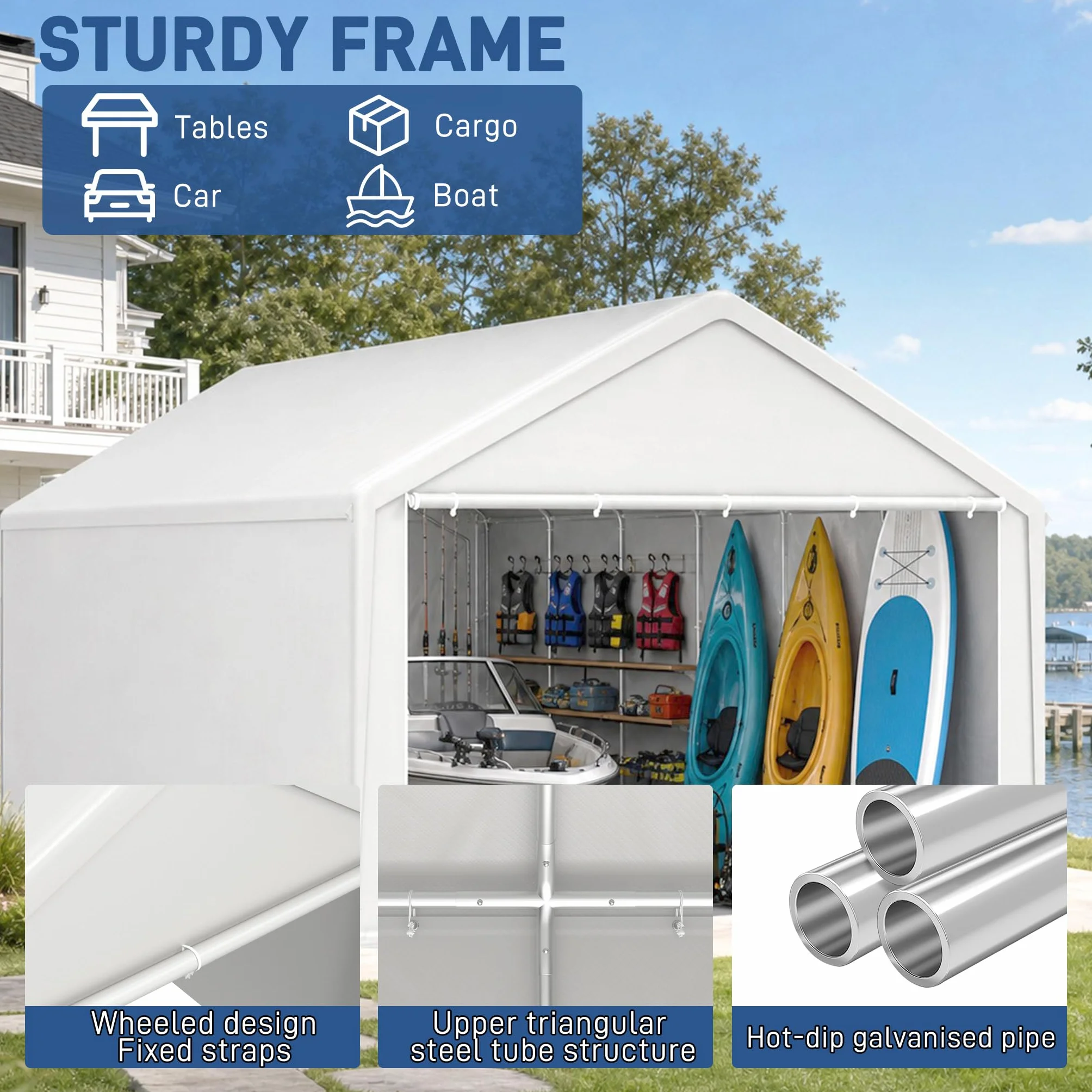 Aufun Carport, tente, 3 x 4 m, étanche, avec toit en polyéthylène, résistant à la déchirure, avec parois latérales amovibles, résistant aux UV et à l'hiver, pour voiture, SUV, camion, bateau - Blanc