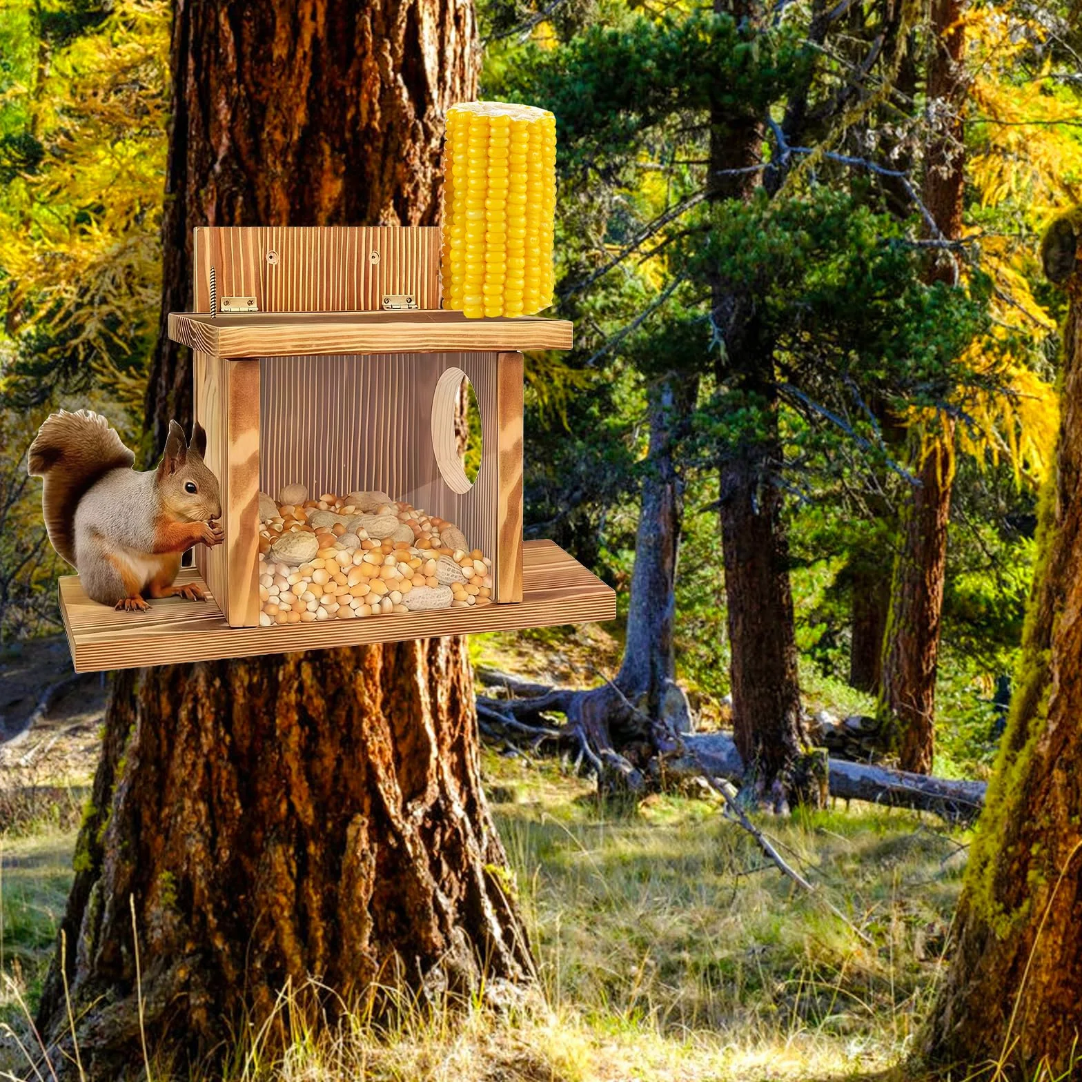 Mangeoire en bois pour écureuils - Station d'alimentation pour écureuils - Résistant aux intempéries - Avec 2 entrées et plateformes de siège - Maison pour écureuils