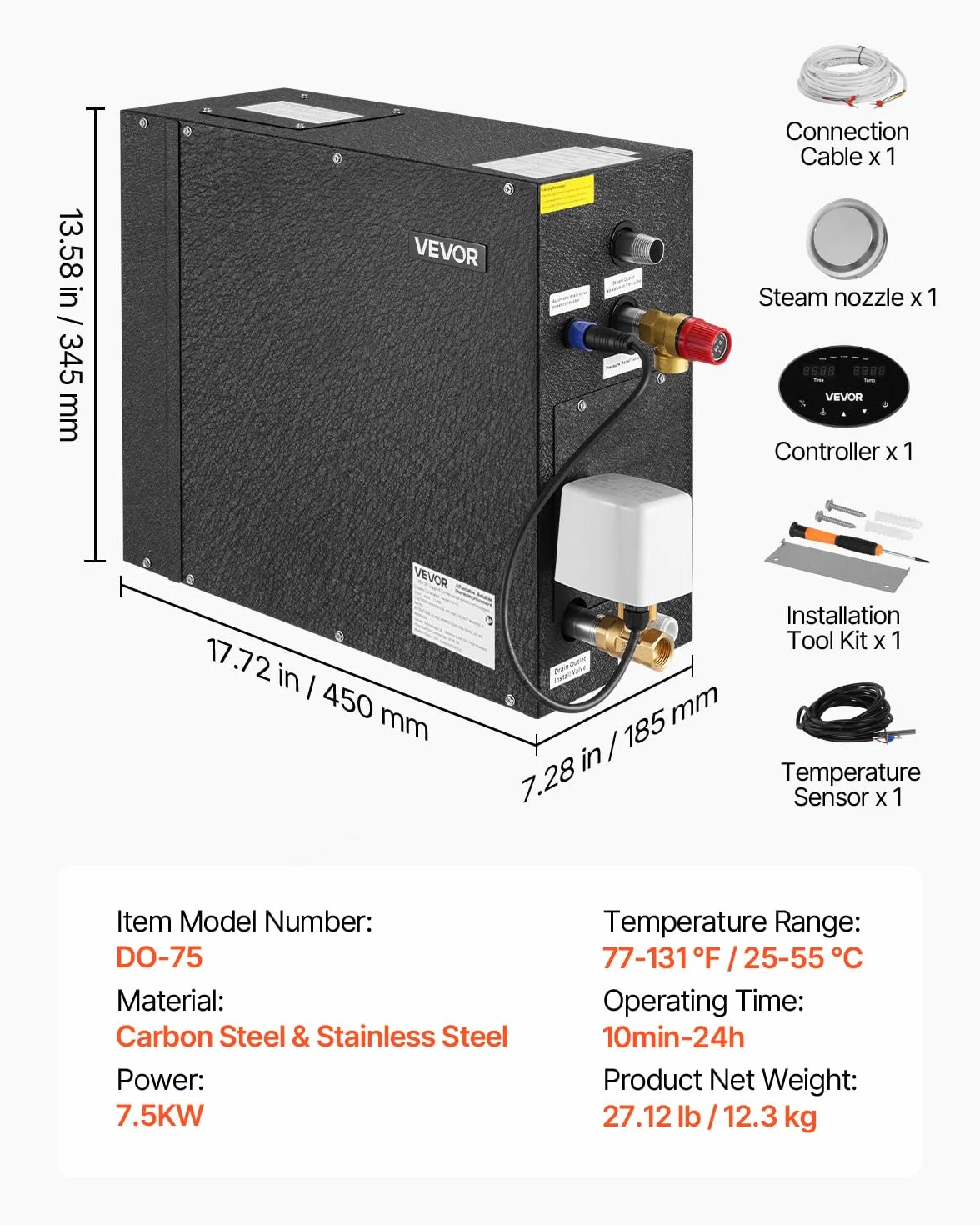 VEVOR Générateur de Vapeur Sauna 7,5 kW avec Contrôleur, Protection Contre Surchauffe, Vidange Automatique