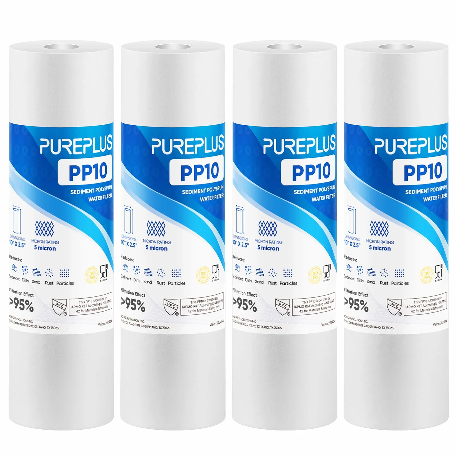 PUREPLUS Filtre à eau à sédiments 5 microns 10" x 2.5" Lot de 4 Cartouches Compatible Big Blue
