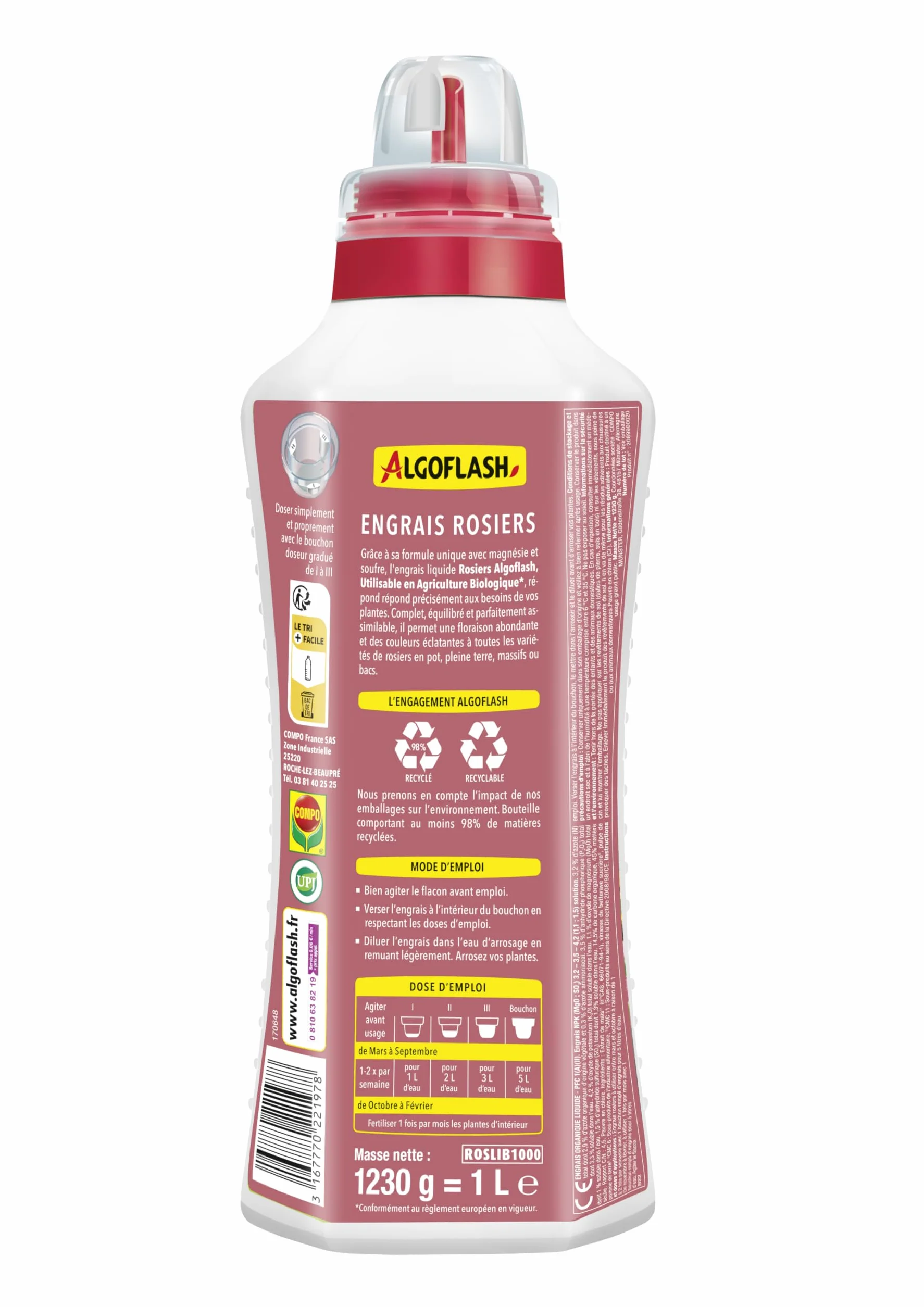 Algoflash Engrais Liquide Rosiers, Utilisable en Agriculture Biologique - 1 L, Marron