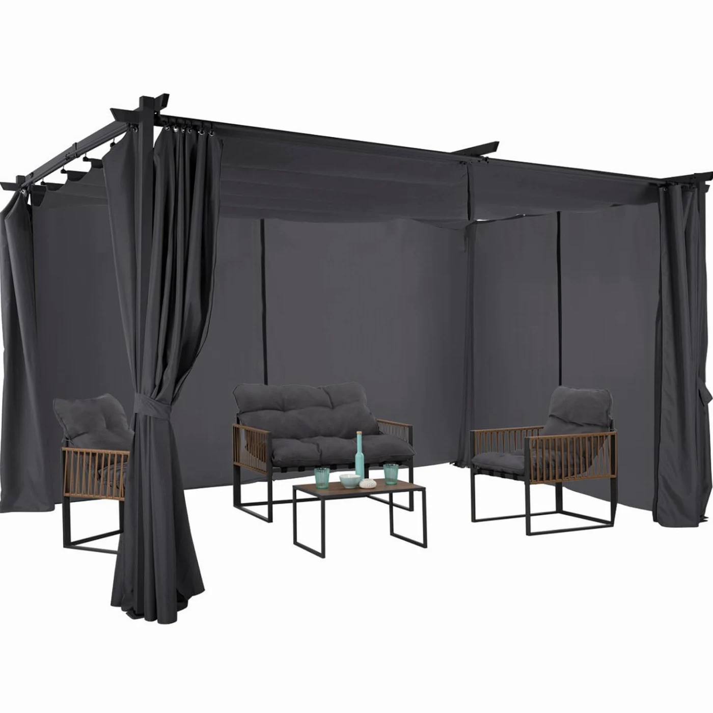IDMarket - Pergola édition limitée Toit rétractable 3x4 M et 4 Rideaux Gris Anthracite