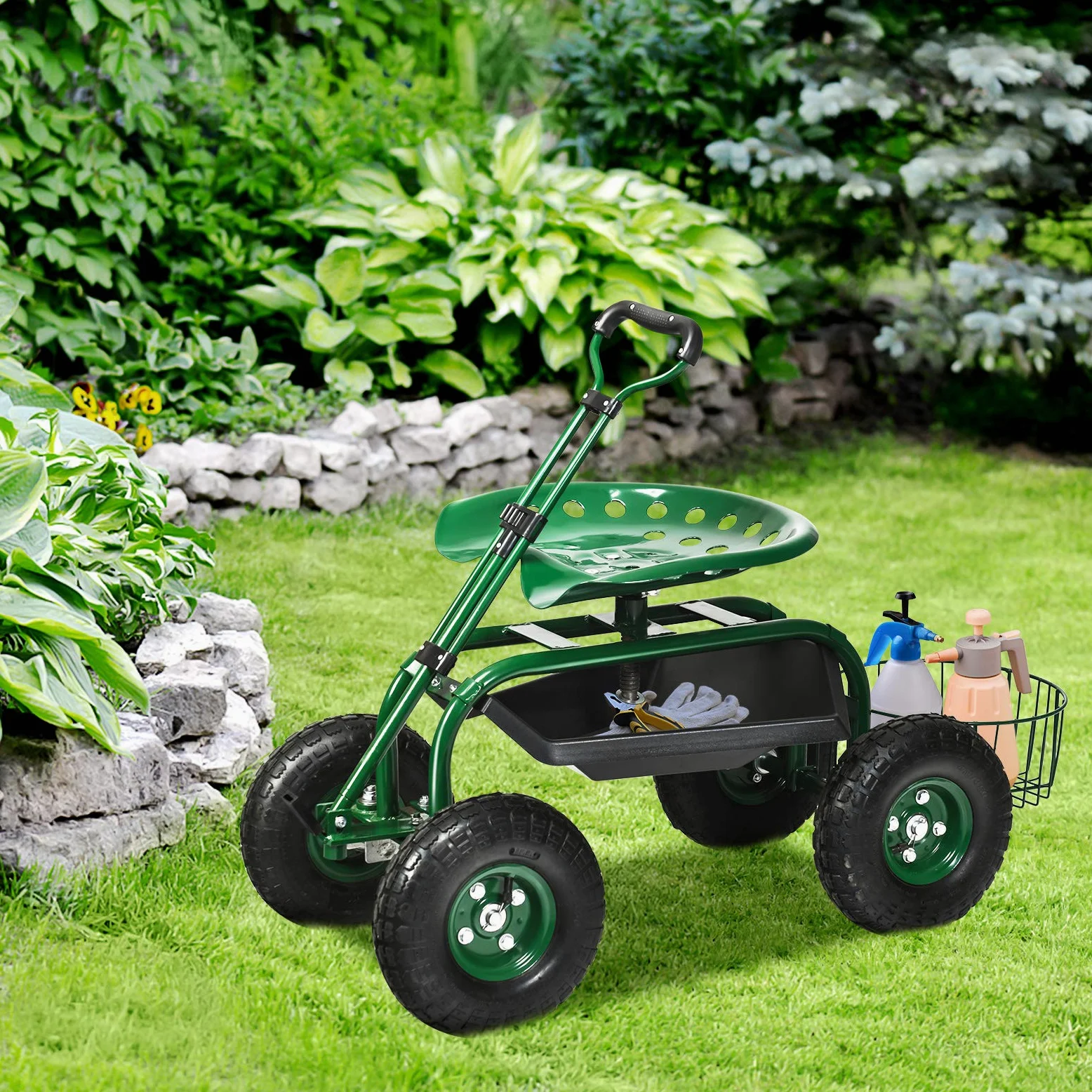 GOPLUS Siège de Jardin Roulant avec 2 Plateau à Outils, Poignée Ronde Extensible, Panier de Rangement, Siège Hauteur Réglable 45,5-54,5cm avec 4 Roues en Caoutchouc, Vert (avec Poignée)
