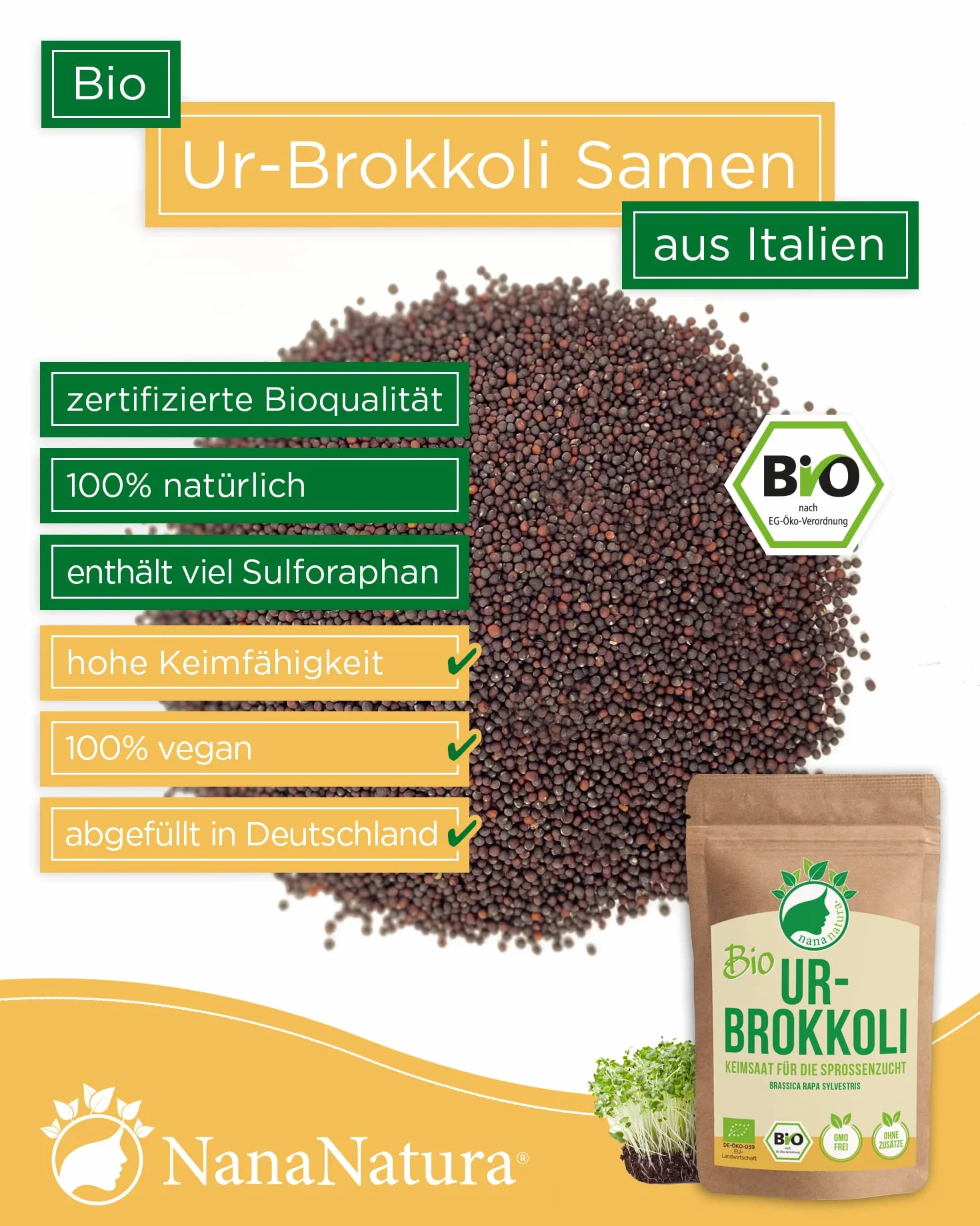 NanaNatura's Graines à Germer Bio | pour la Culture de Pousses | avec un taux de germination supérieur | Microgreens (Brocoli Bio, 600g)