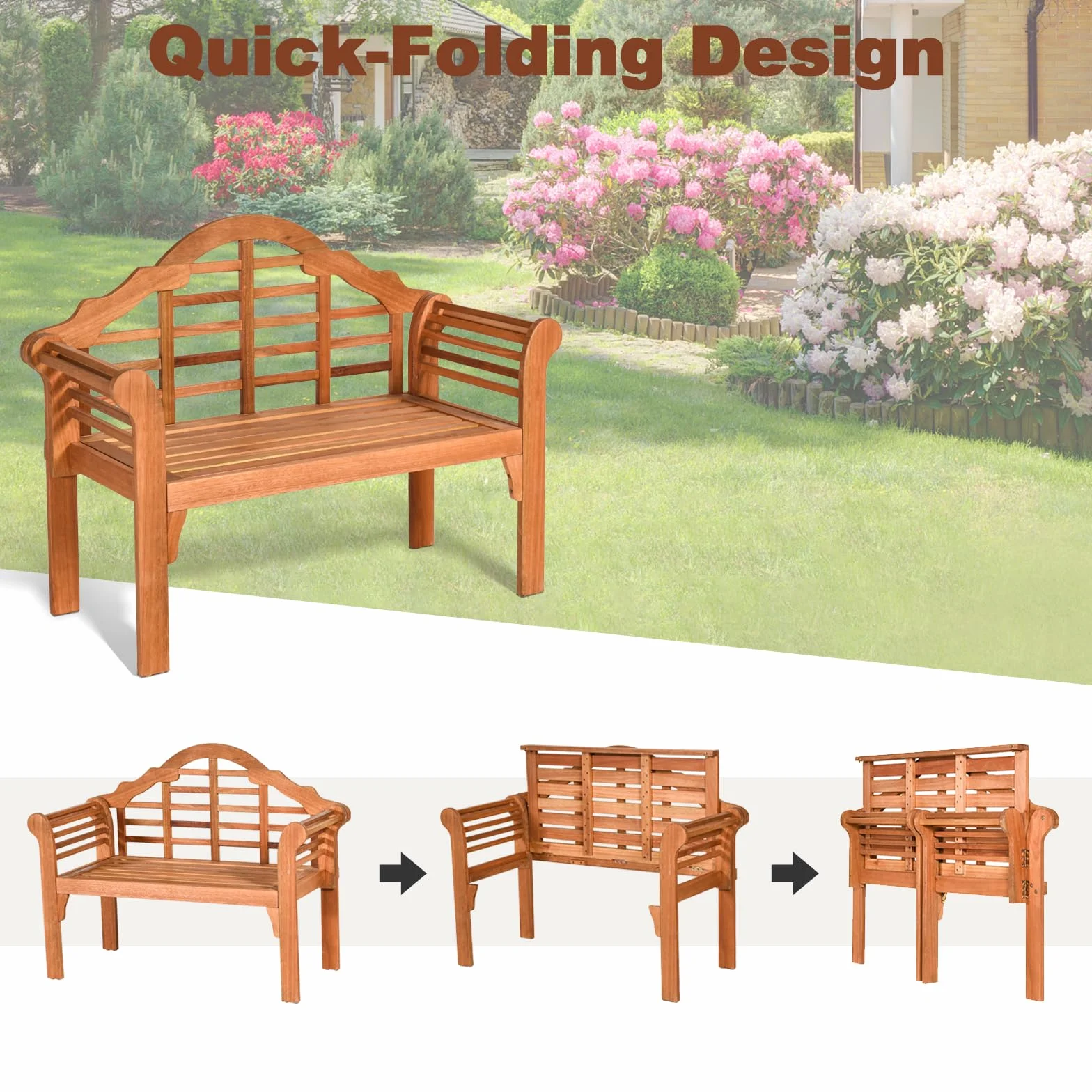 KOMFOTTEU Banc de Jardin 2 Places, Design Pliable, Banquette de Parc en Bois d'Acacia, Charge Maximum de 360 kg, Banc d’Extérieur, idéal pour Balcon, Terrasse, 123 x 54 x 96 cm, Naturel