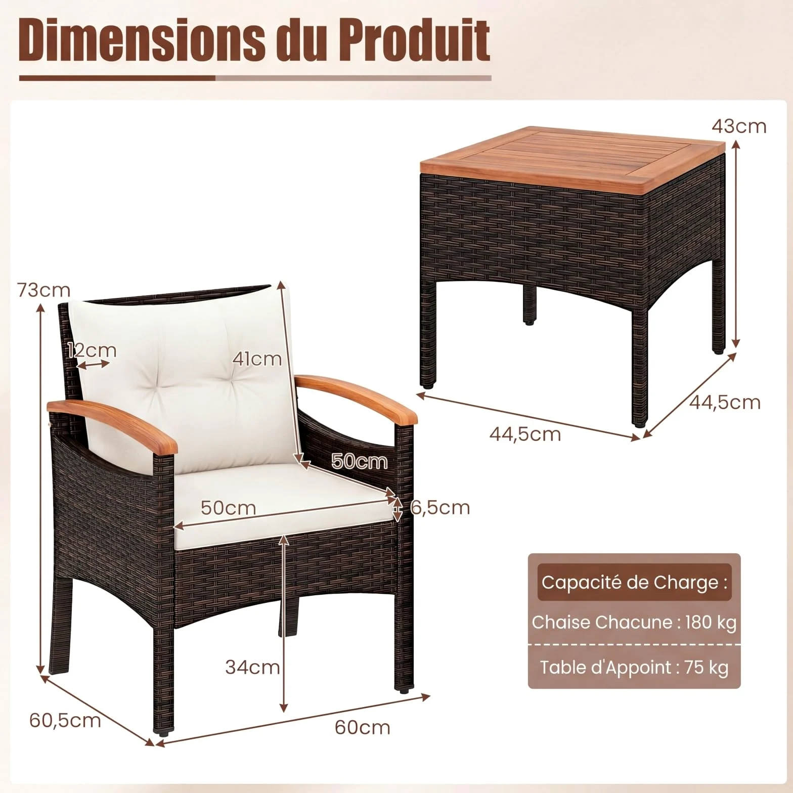 COSTWAY Salon de Jardin Exterieur 3 Pièces en Rotin PE, Ensemble de Meubles 2 Fauteuils Table Basse Plateau en Bois d'Acacia avec Coussin Amovible, pour Jardin Balcon Piscine (Beige)