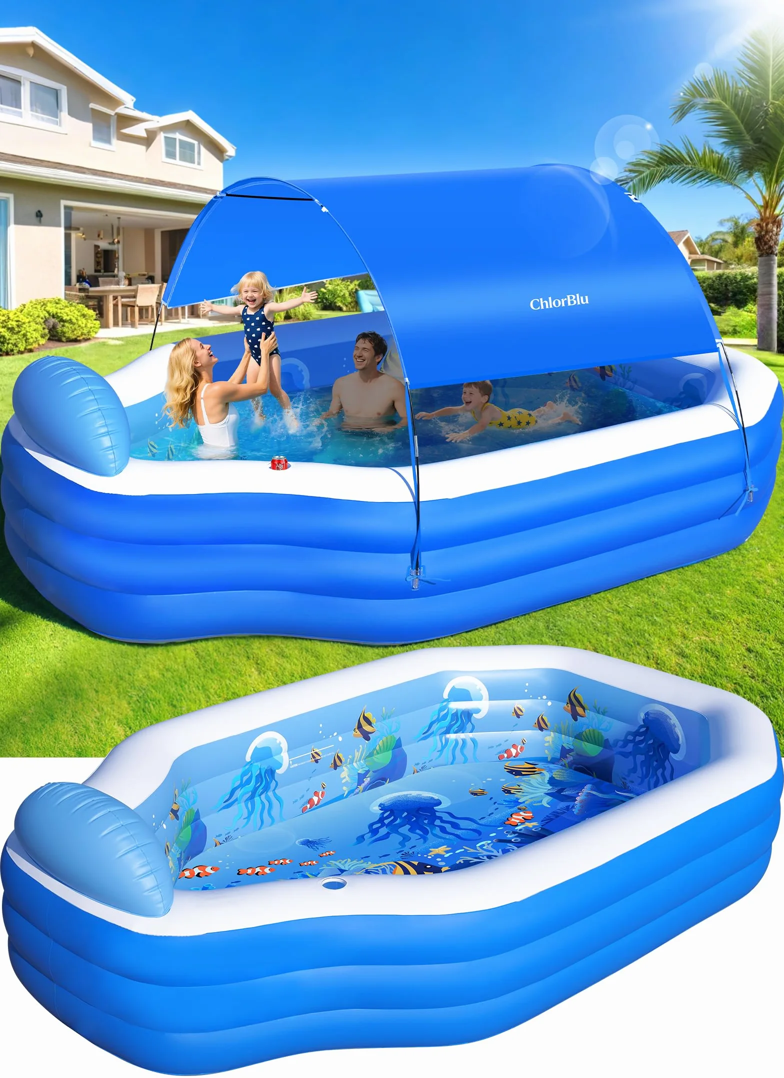 ChlorBlu Piscine Gonflable 300x190x55cm Rectangulaire avec Auvent Sièges pour Jardin Extérieur