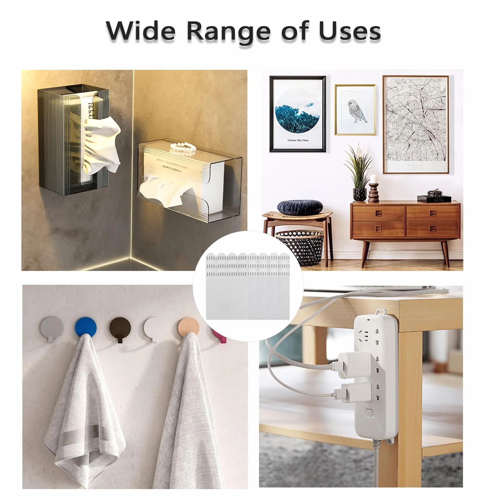 Bandes de Suspension pour Cadres Photo, 48 Paires Ruban Adhésif Blanc, 4 Tailles Amovibles Sans Dommages