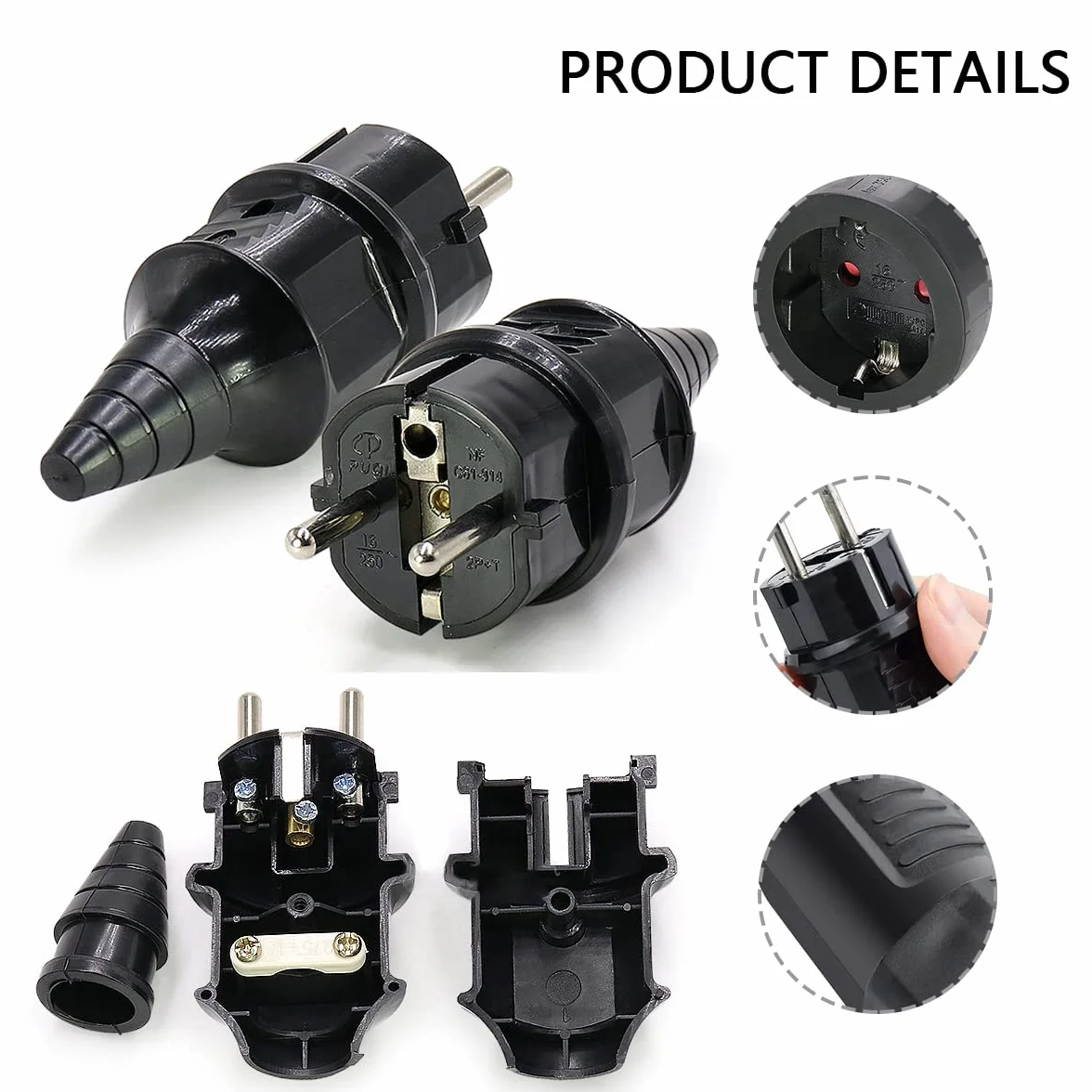Fiche Électrique Mâle + Prise Femelle 250V 16A IP44 Caoutchouc Noir