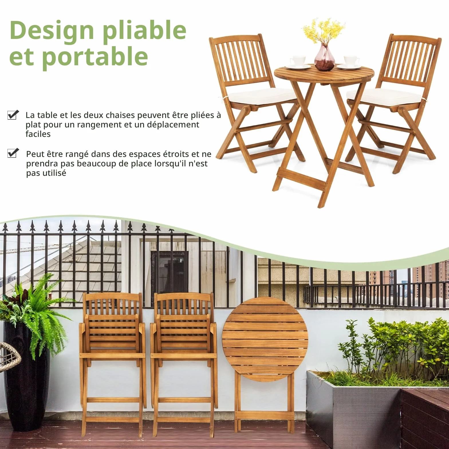 GIANTEX Salon de Jardin 2 Personnes Bois d'Acacia, Table Extérieure avec Chaise, Coussins Amovibles, Beige Naturel
