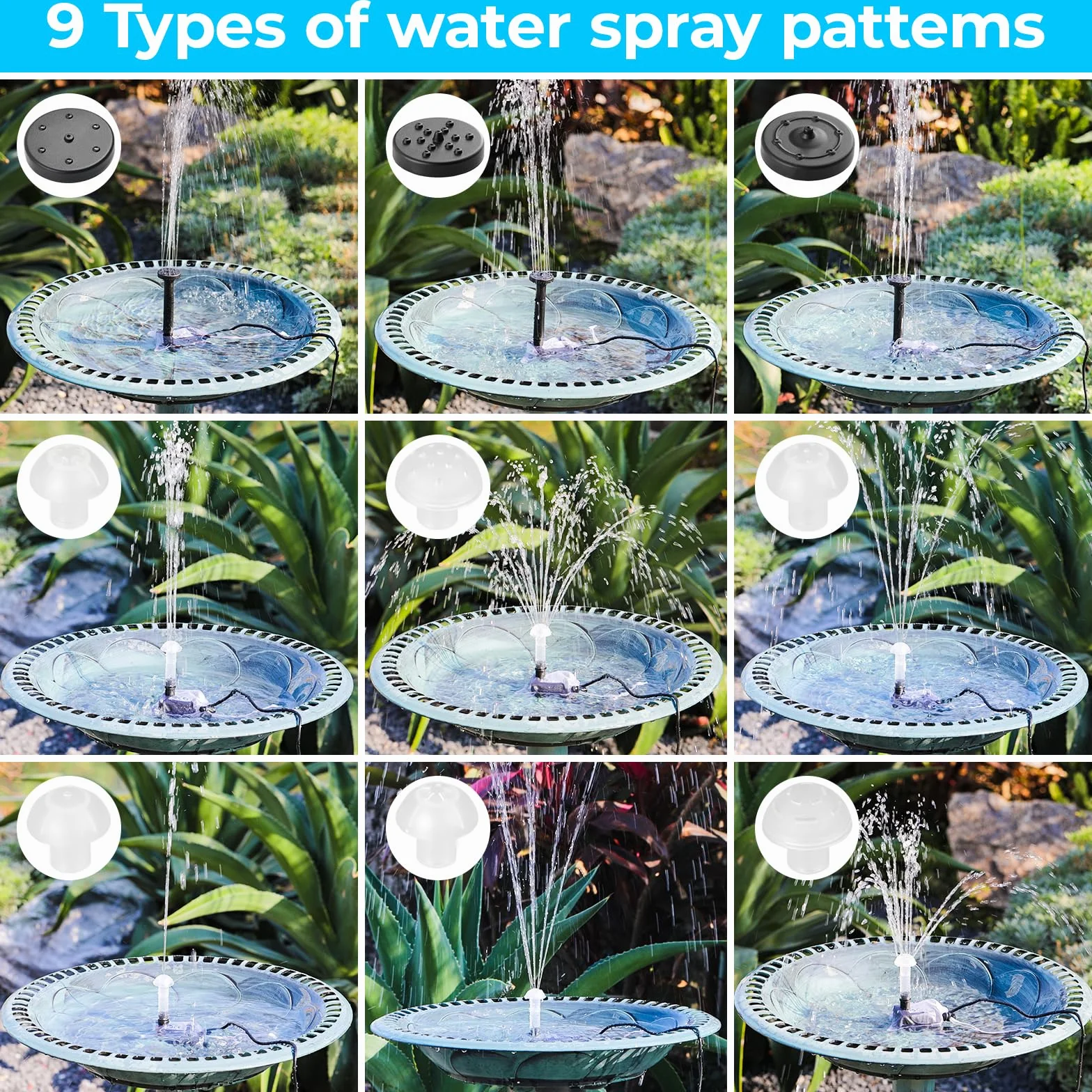 Fontaine Solaire Pompe à Eau 9V 10-12W 190L/h avec Tuyau 1m Câble 3.25m 9 Buses pour Bassin Jardin