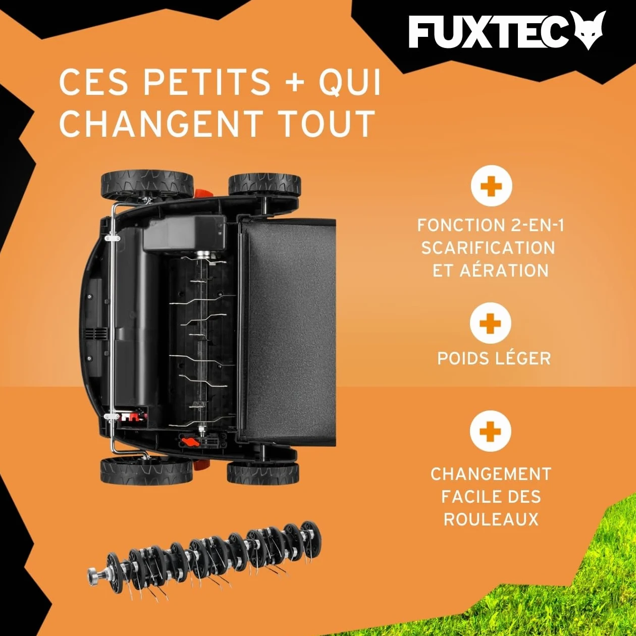 Scarificateur électrique FUXTEC, aérateur de gazon avec 1300 watts de puissance, largeur de travail 32 cm et réglages de profondeur de -12 à +10 mm, bac de ramassage 40 L