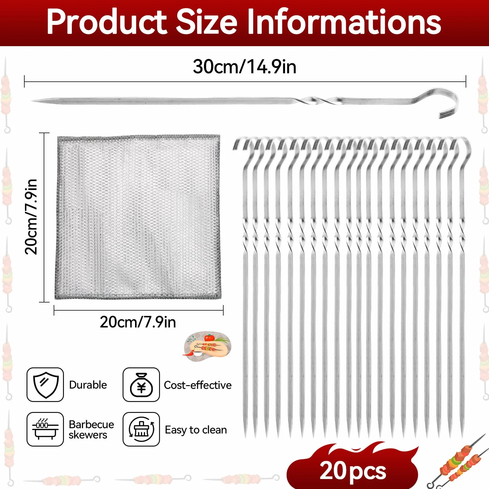 20 pcs Brochettes Barbecue, Brochettes à Viande Acier Inoxydable, BBQ Brochettes, Brochettes Métal Plat Brochettes,Légumes Pics à Brochettes, Pic a Brochette Inox, Kebab pour Brochettes Viande