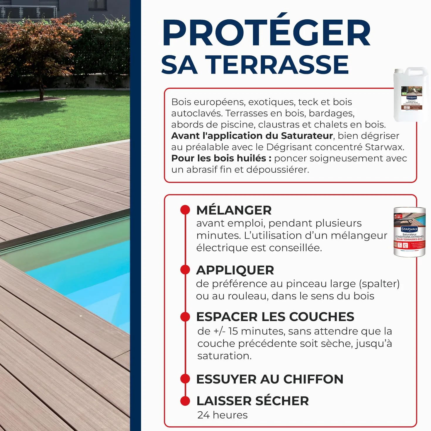 STARWAX Saturateur Bois Extérieur Incolore 5L Conditions Extrêmes UV Intempéries Eau Chlorée