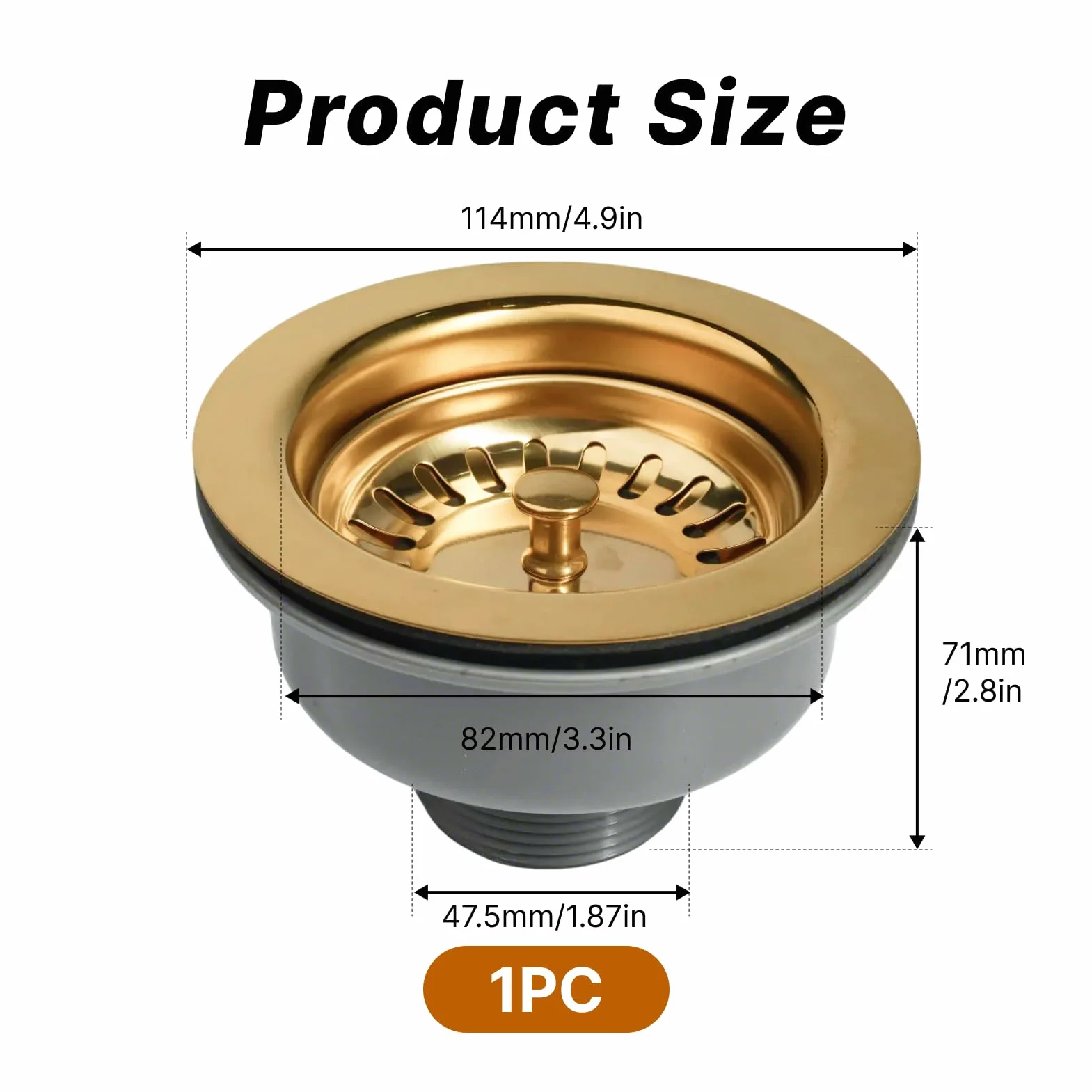 Bonde d'évier inox 114 mm G1½ 304 Acier inoxydable ABS dorée