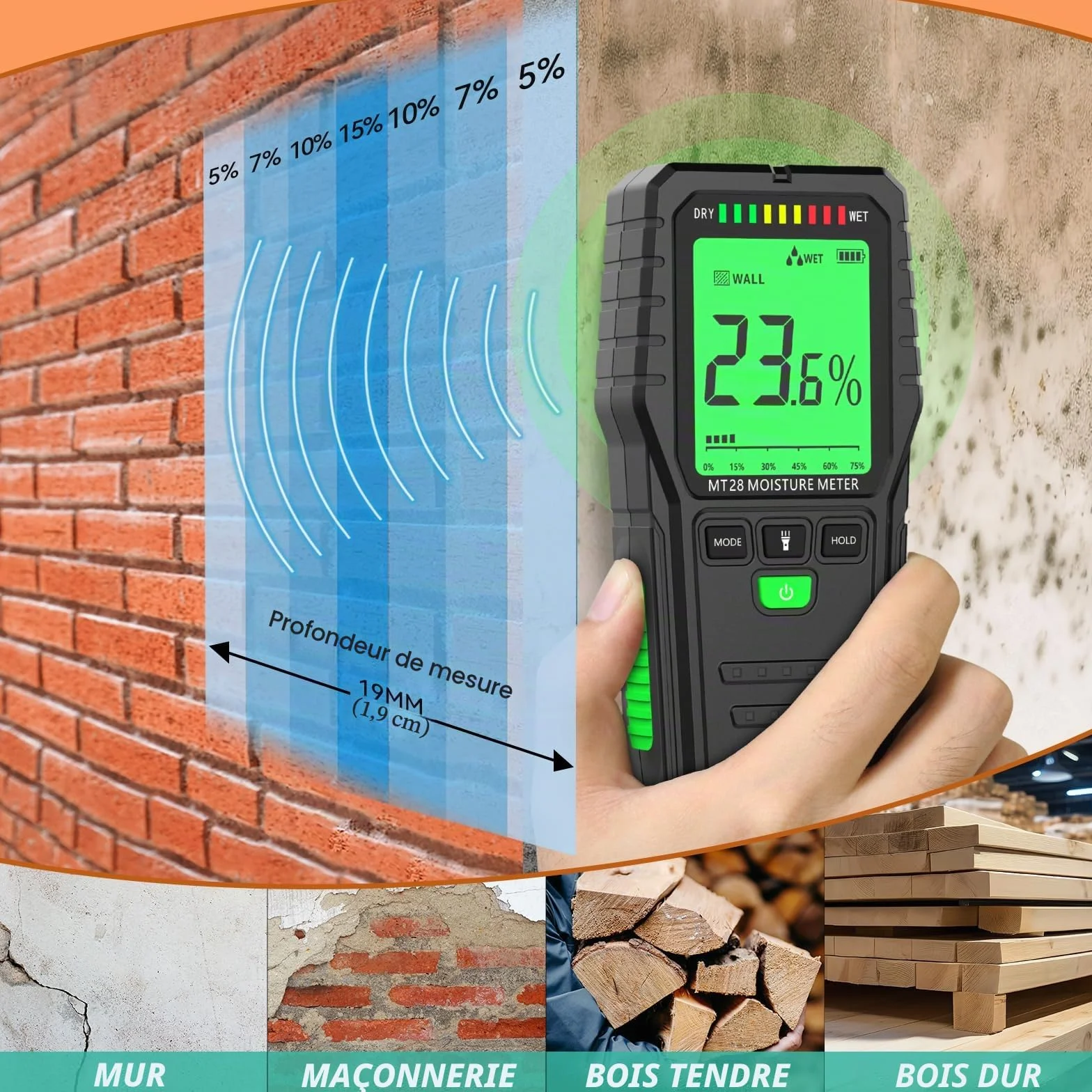 Testeur Humidité Humidimètre Numérique sans Broche Détecteur d'humidité en Papier pour Bois Matériaux de Construction