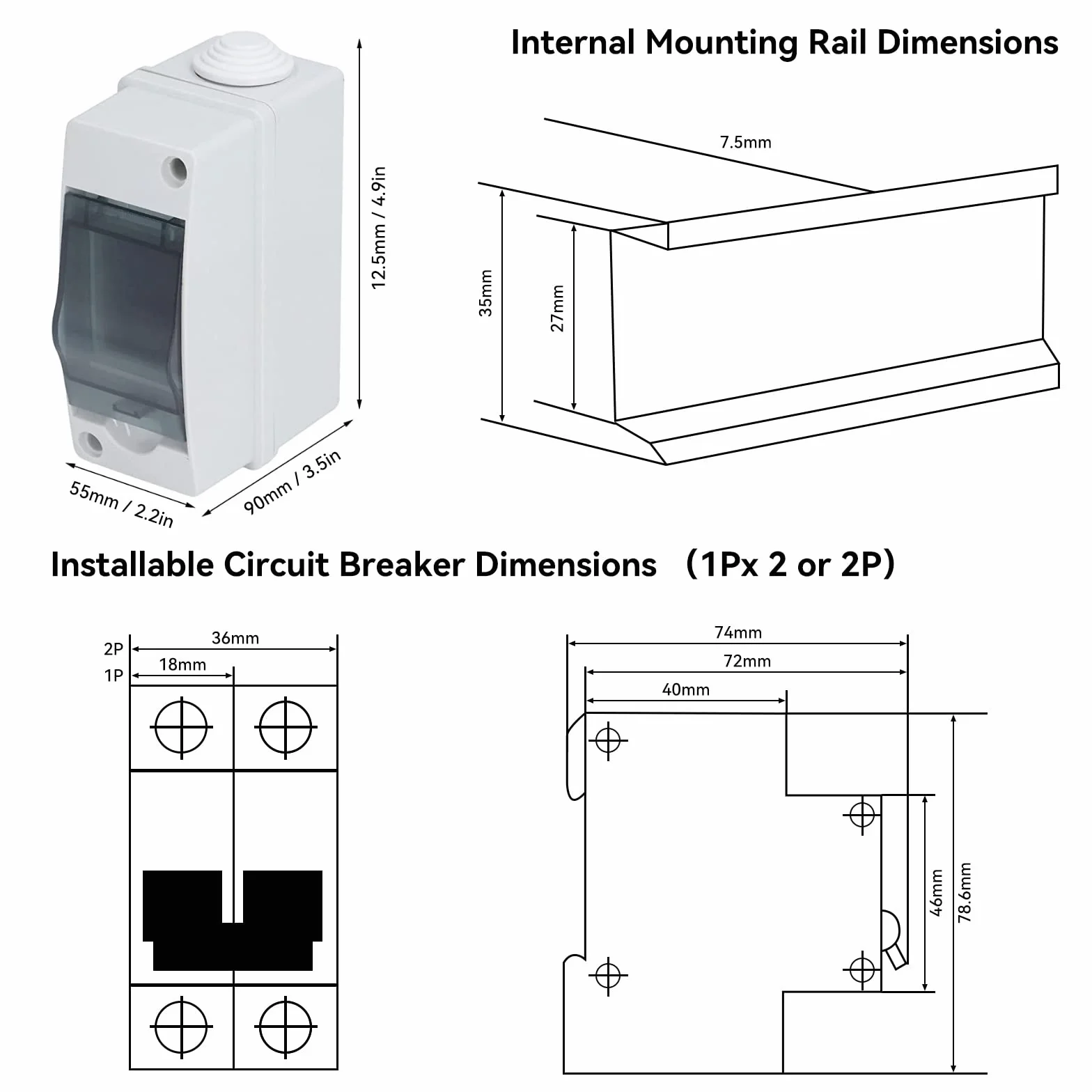 Boîtier de Distribution 2 Voies IP66 2 Modules Rail Din Couvercle Transparent étanche, Boîte Jonction Extérieure pour Disjoncteur Mural 4,9x2,2x3,5 Po