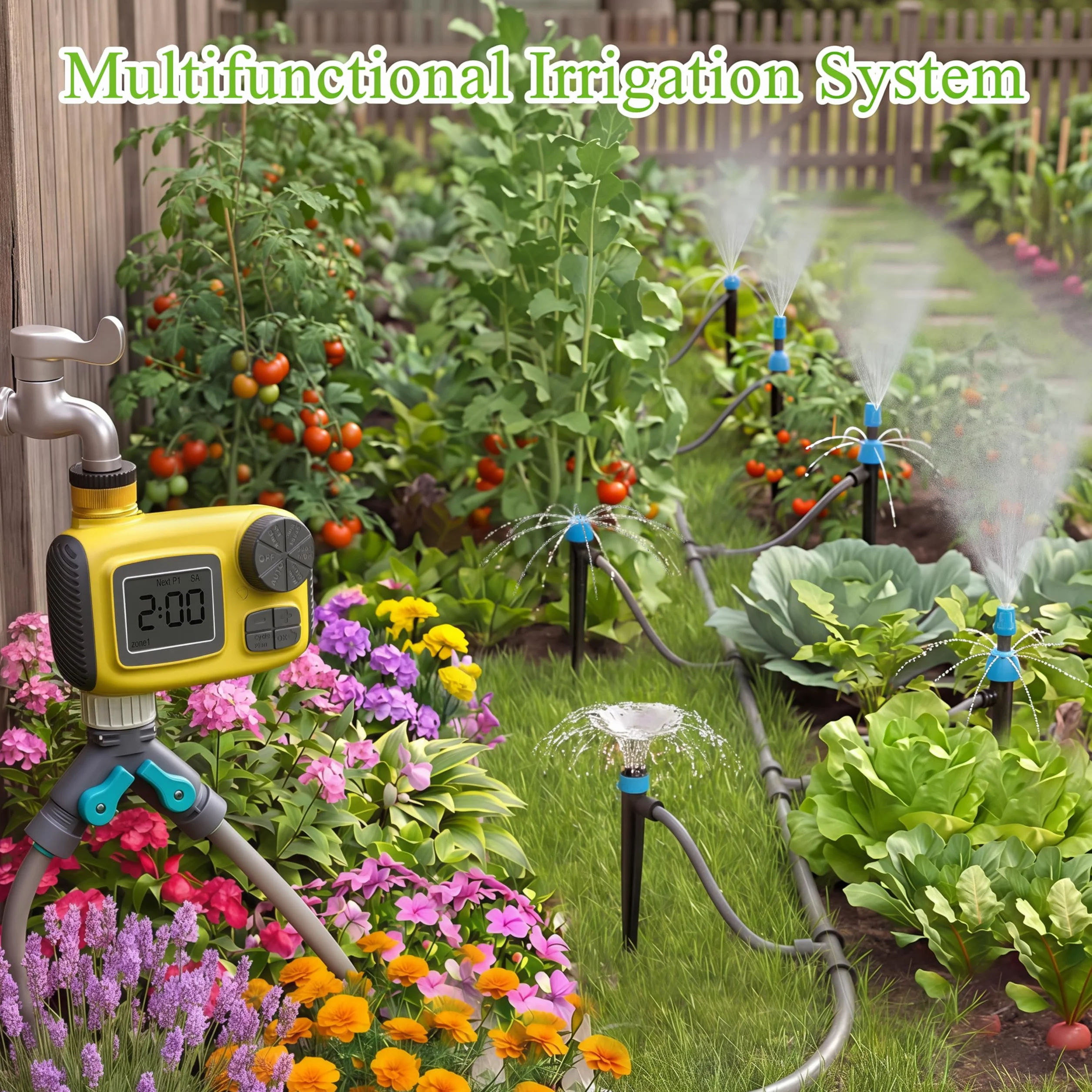 Kit d'irrigation goutte à goutte automatique 30 m avec programmateur TRJZWA 3 programmes, 3 types de goutteurs pour jardin