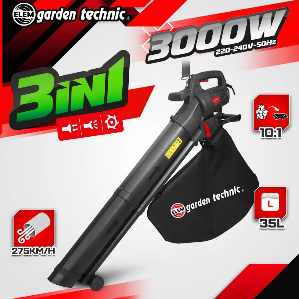Aspirateur Souffleur Broyeur de Feuilles 3000W 270 km/h Sac 35L Elem Garden