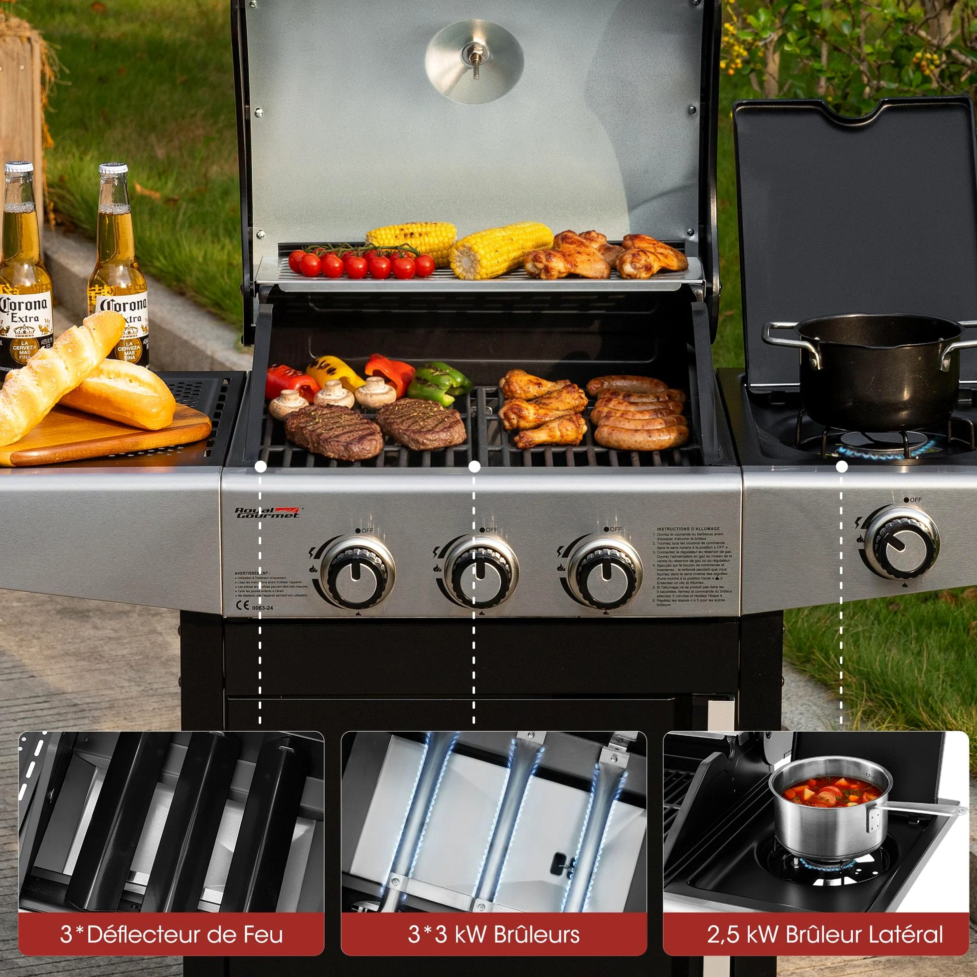 Royal Gourmet Barbecue Gaz à 3 Brûleurs avec Brûleur Latéral, Gril à Gaz sur Chariot de Puissance 11,5 KW avec 2 Grille en Fonte et 2 Tables d’Appoint, Adapté pour Jardin et Extérieure, Argent
