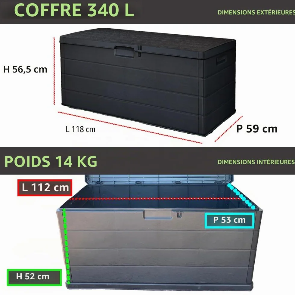 Coffre d'extérieur 340 L effet bois résine anthracite 118 x 59 x 57 cm