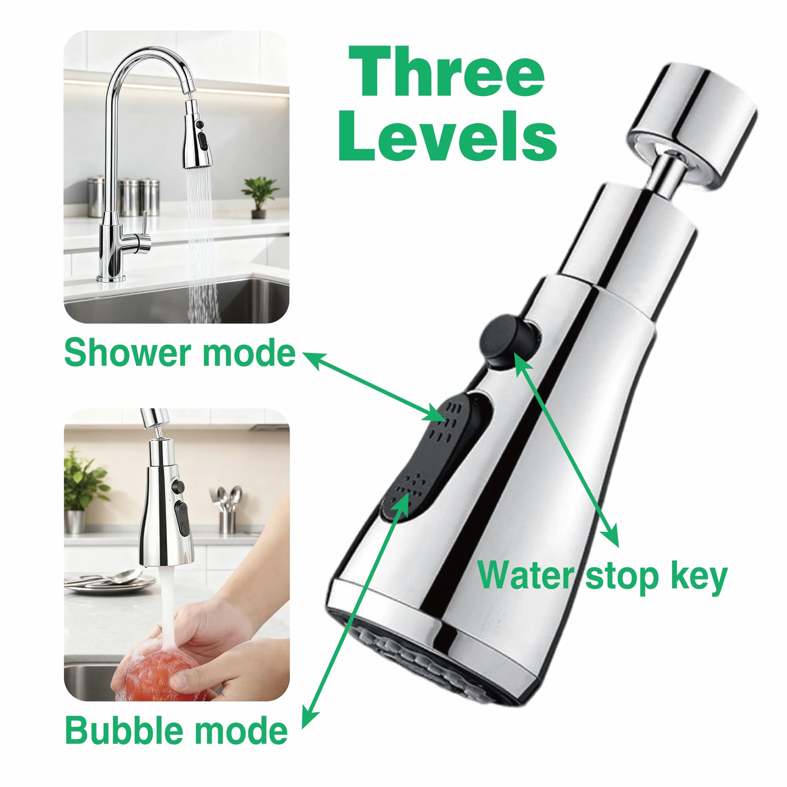 Mitigeur Cuisine 360° Rotatif 3 Modes Douchette Évier Anti-Éclaboussures Adaptateurs Multi-Tailles