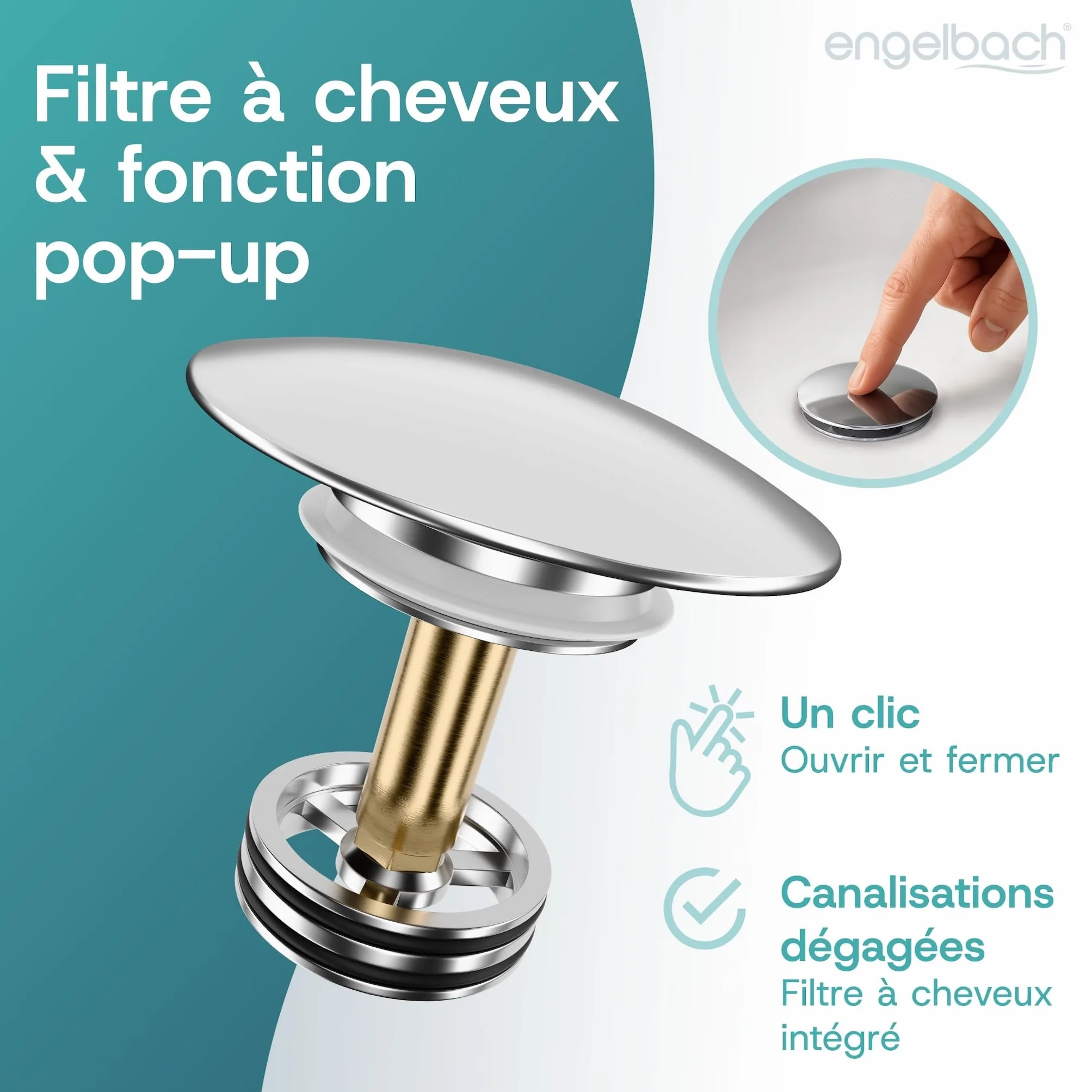 Engelbach Bonde de lavabo avec trop-plein Bouchon clic-clac 3 Joints Inclus Modèle Universel