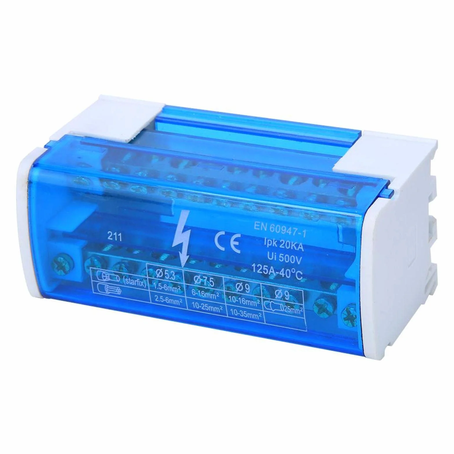 Boîte de Distribution de Bornes 125A 500V 2x11 Positions Rail DIN Monophasé 2 Niveaux avec Cache Anti-poussière