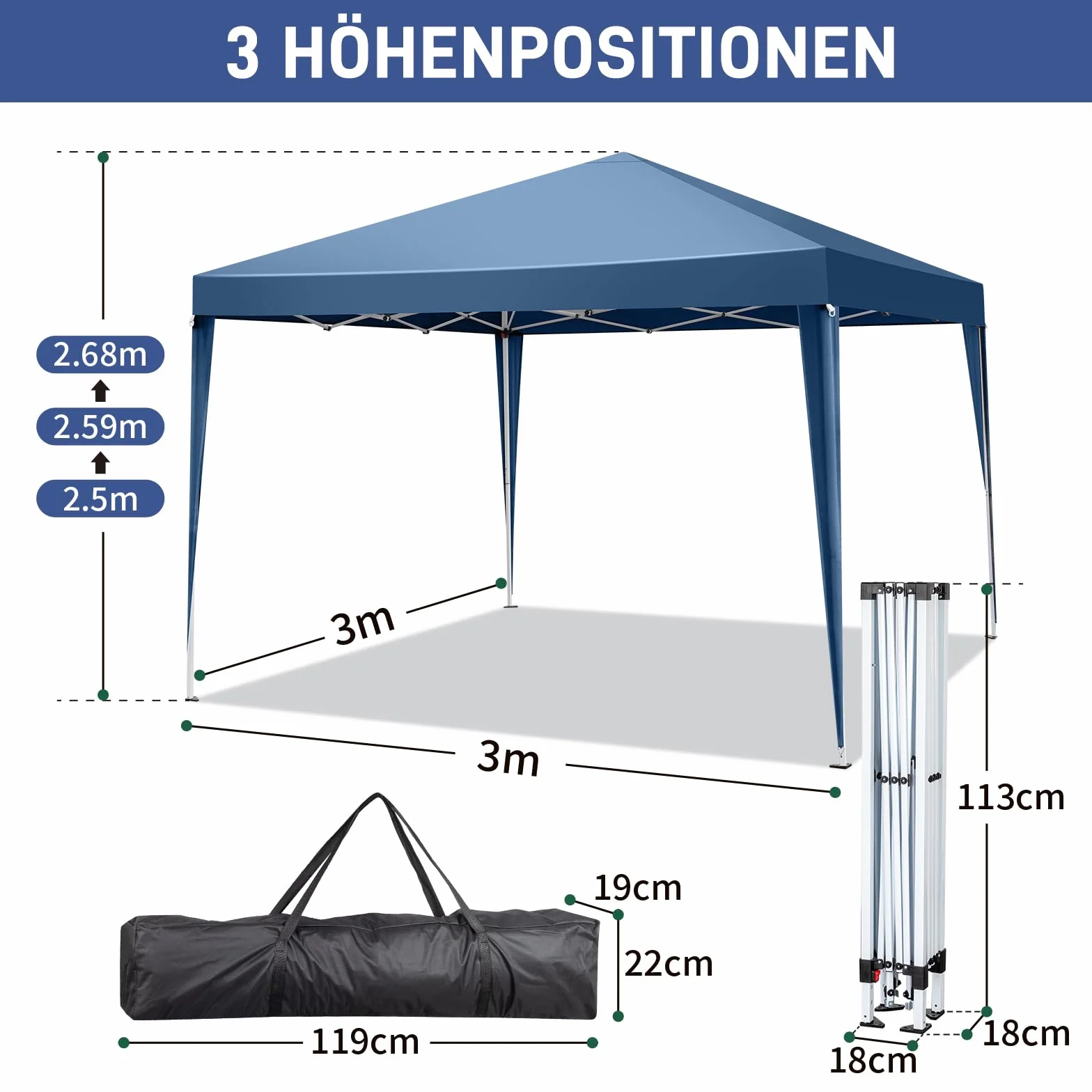 3x3m Tonnelle de Jardin Pliable Aluminium Imperméable Tente de Reception avec aux UV Pavillon Bleu Bâche PE Epaisse de env pour Fête Marriage Les Activités Commerciales (Bleu)