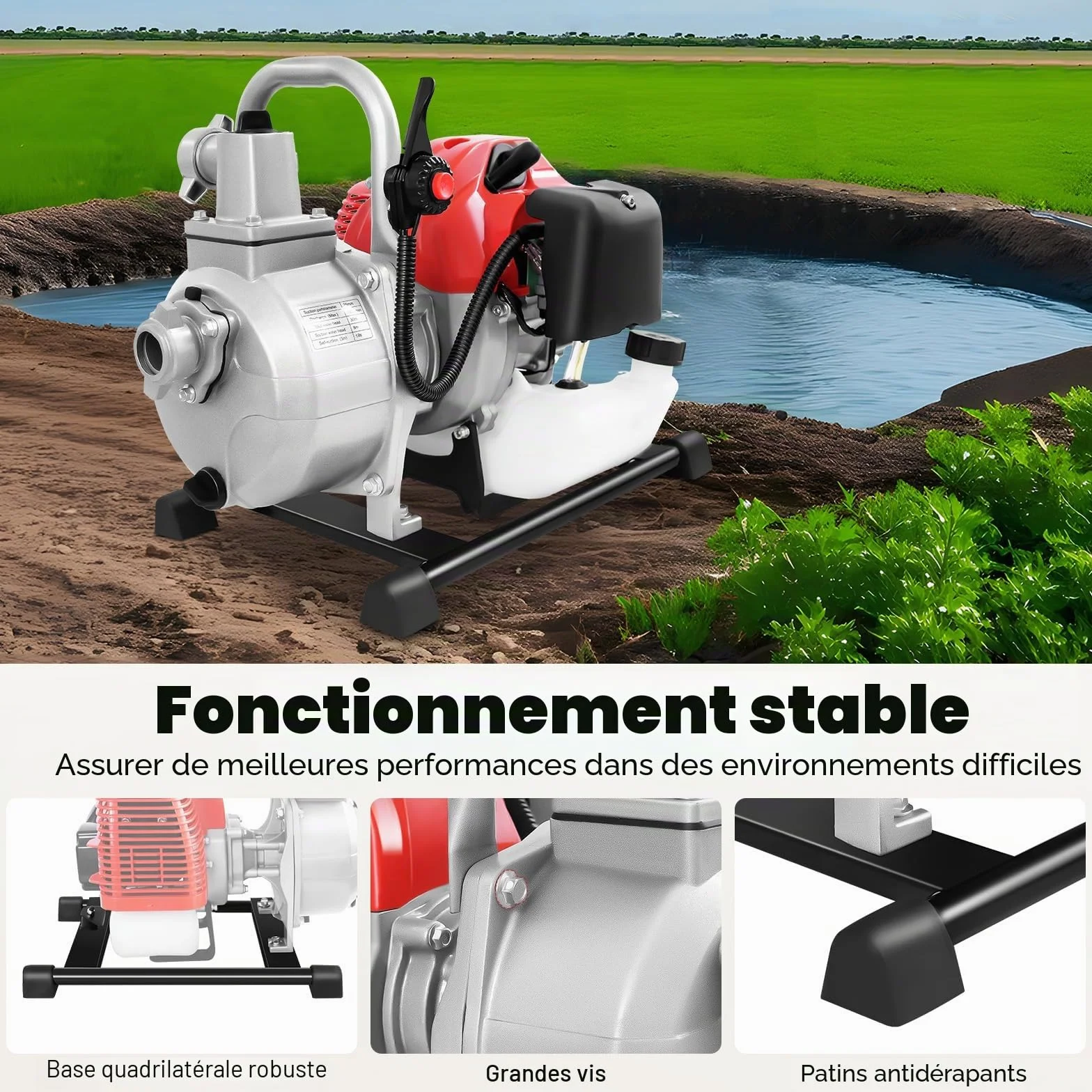 Pompe à eau essence 1,7 CV 1 pouce moteur 2 temps base métal hauteur extraction 30 m