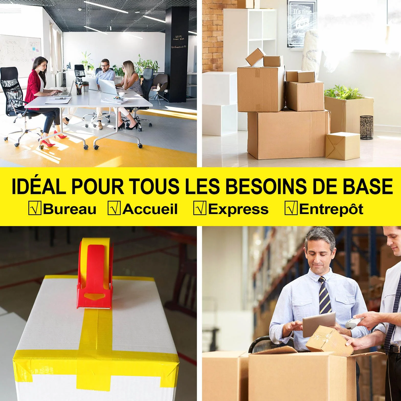 BOMEI PACK Ruban d’emballage 66m x 48mm 3 rouleaux avec dévidoir adhésif fort Jaune