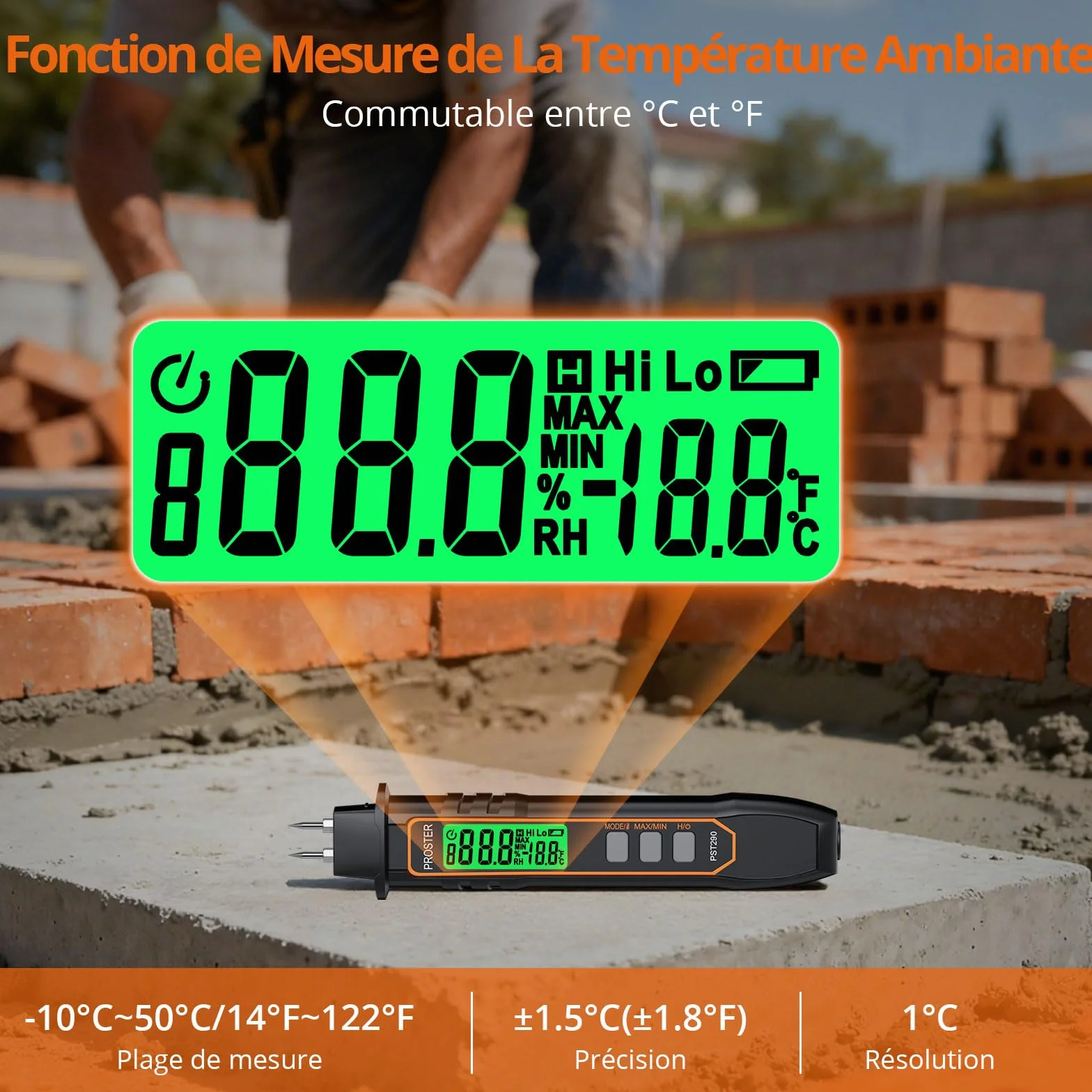 Proster Testeur Humidité Portable - Stylo Humidimètre Haute Précision 2 Modes 7 Échelles Calibration Température Bois Béton Mur