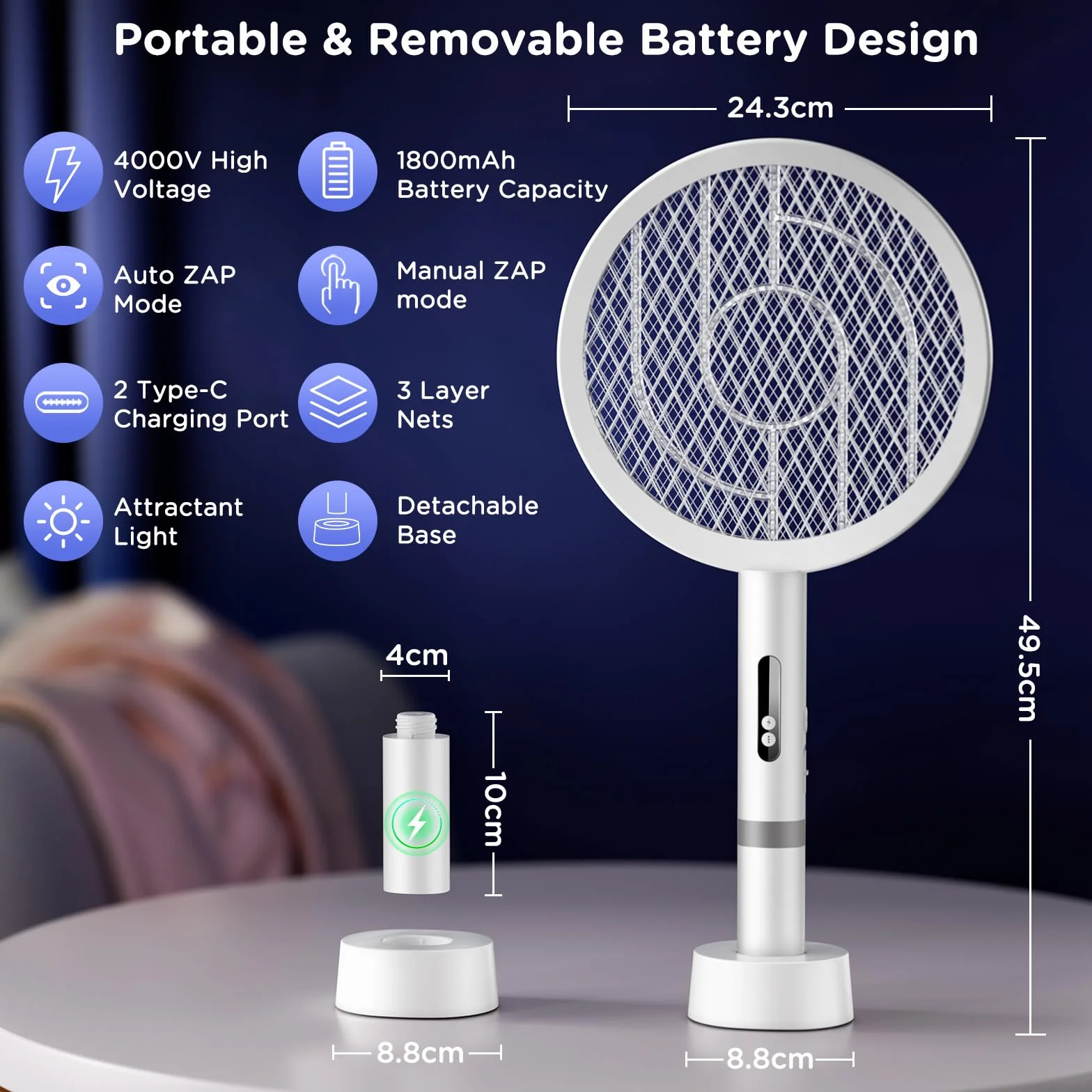 2 in1 Raquette Electrique Insectes, 4000V Puissant Raquette Moustique Electrique, 1800mAh USB Rechargeable Tapette à Mouche avec 3 Couches Protection en Maille pour Intérieur Extérieur