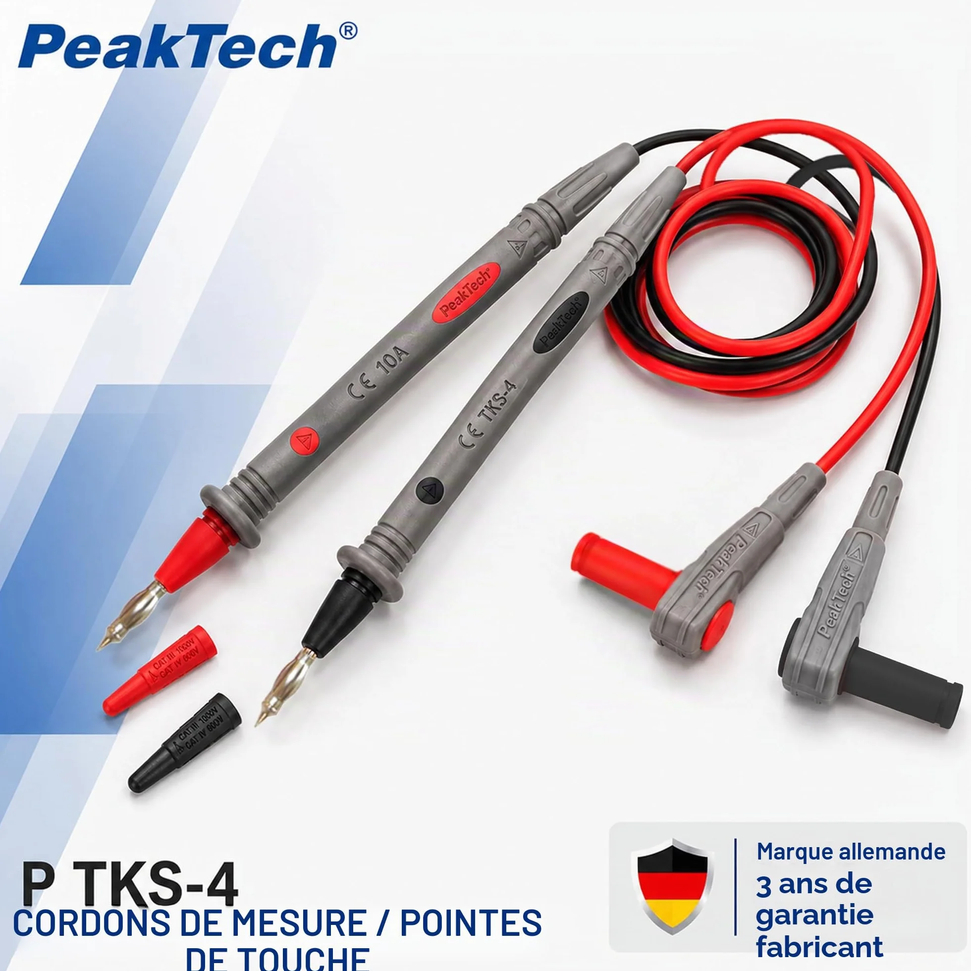 Peak Tech Multimètre de cordons de mesure 120 cm 1000 V AC/DC 10 A Cat III/IV Lot de 4