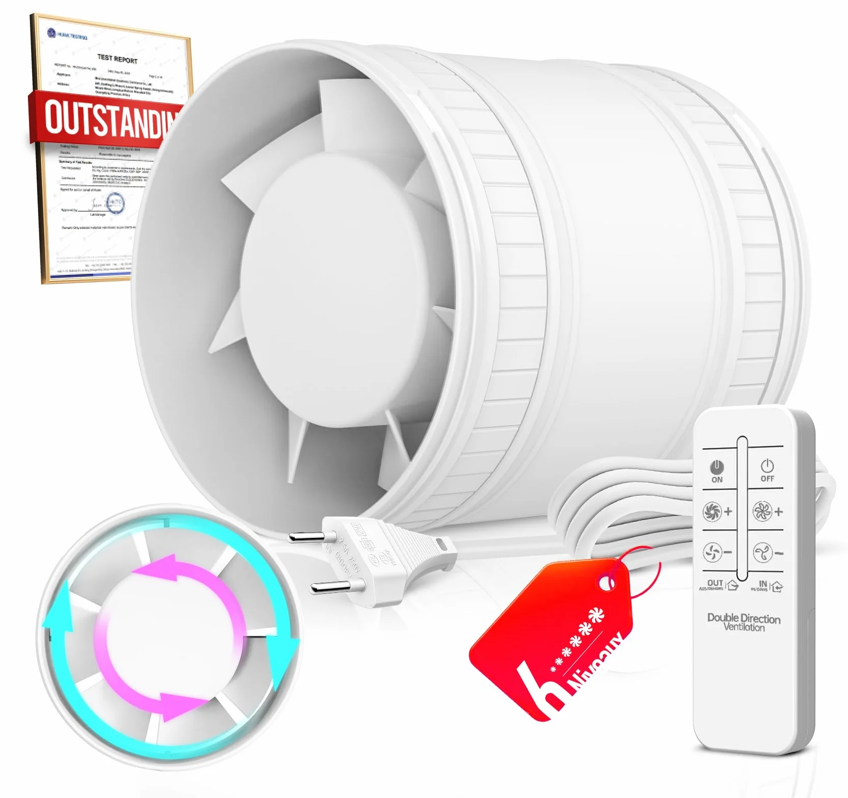 Ventilateur de Conduit Bidirectionnel, 6 Vitesses, Télécommande – Ventilateur Silencieux Puissant avec Protection Contre la Surchauffe, VMC Salle de Bain WC Serre Tente, Extracteur d'air 100mm