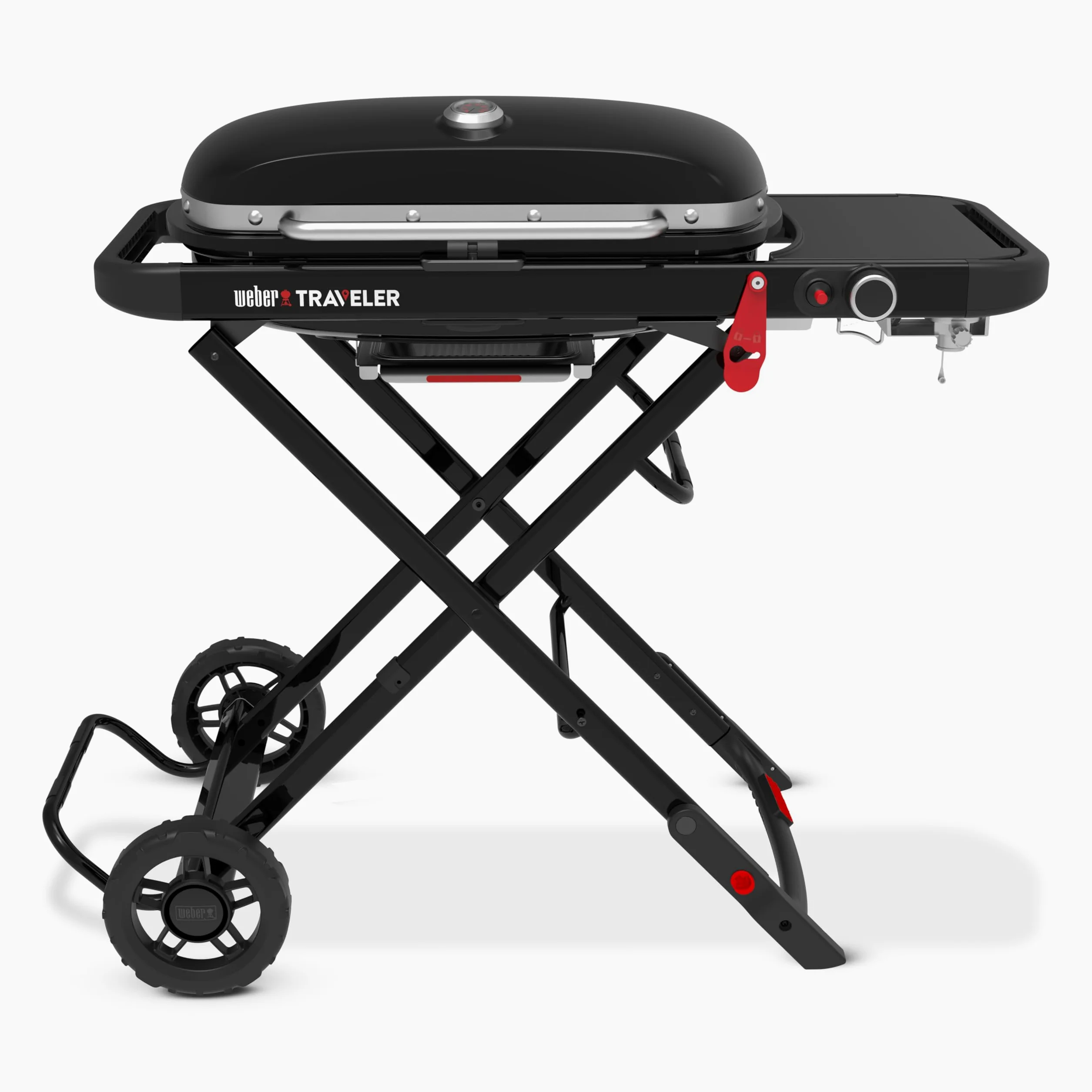 Weber Traveler barbecue à gaz/design pliable et portable avec roues, verrouillage automatique du couvercle et thermomètre intégré, 1 brûleur, largeur 111 cm, surface de cuisson 2065 cm², noir