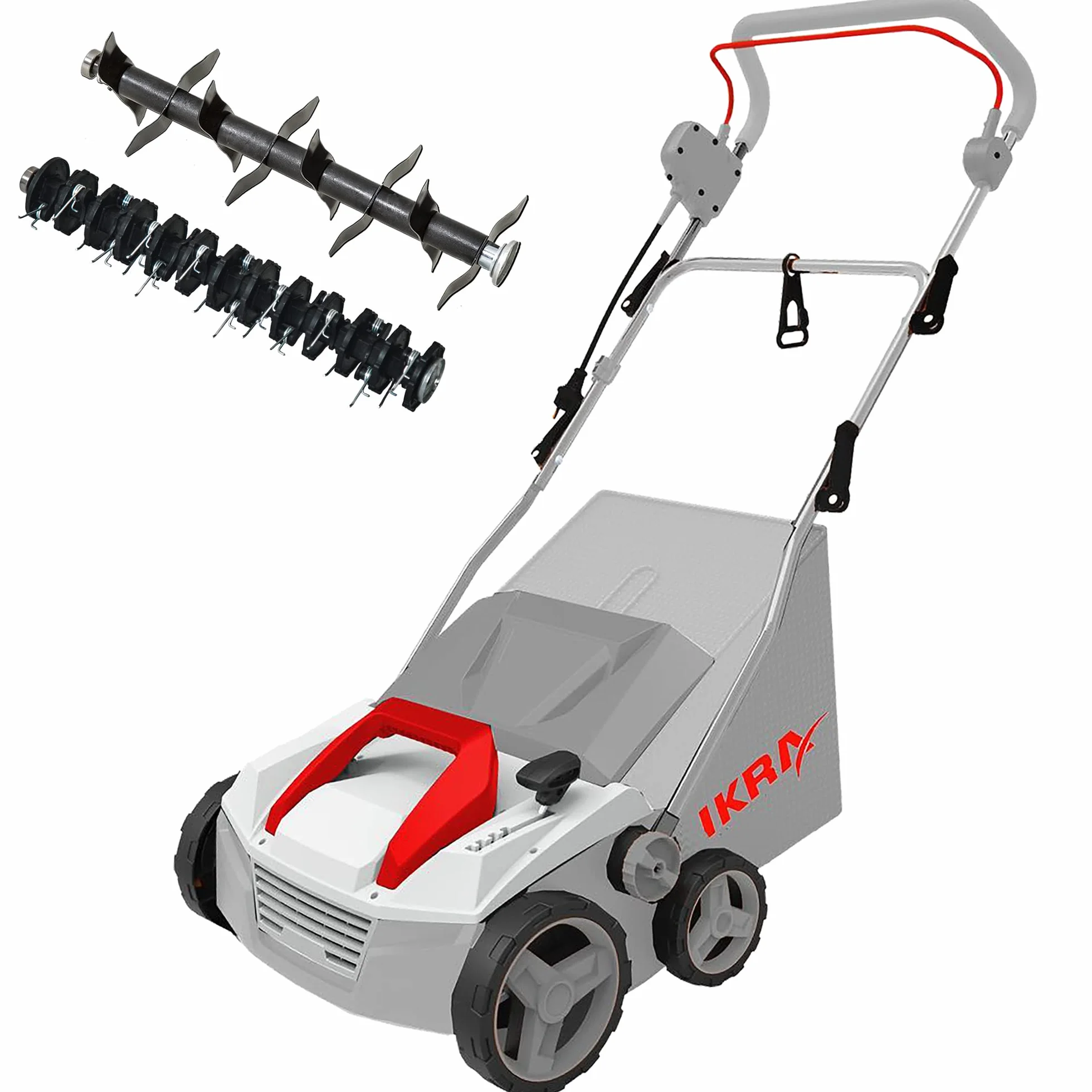 IKRA scarificateur-aérateur électrique IEVL 1838, largeur 38 cm, 1 800 W | Bac de ramassage de 40 l, profondeur de travail de +5 à –12 mm, changement de rouleau sans outil, appareil 2 en 1