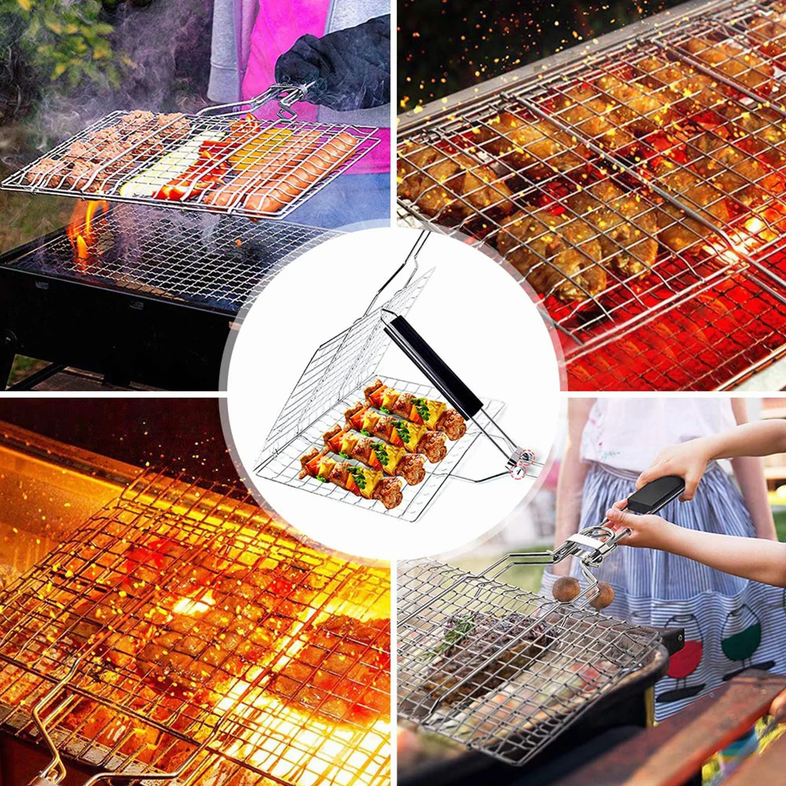 Lot De 2 Paniers De Barbecue Portables, Paniers De Grillades De Poisson Pliables, Paniers De Barbecue Pliables En Acier Inoxydable Avec Poignée En Bois Amovible Pour Poisson Rôti, Brochettes