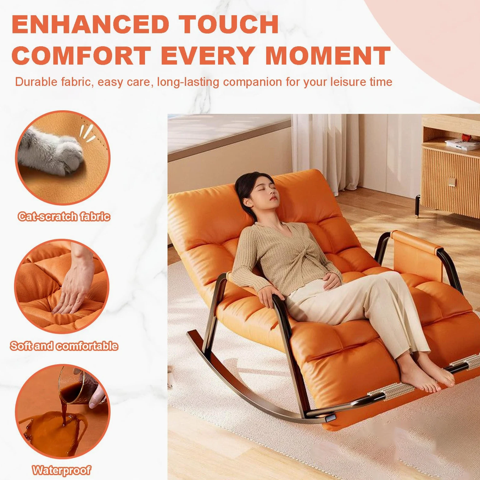 Rocking Chair, Dossier et Pied réglable, Tissu Résistant aux Griffes, Cadre en Acier Carbone, pour Intérieur et Extérieur, Gris & Orange, 93x111x50 cm, Charge Maximale 250 kg(Color:Gris)