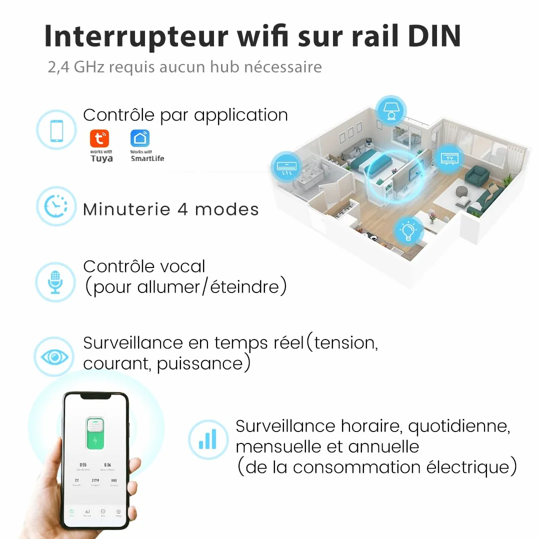 Interrupteur Connecté 16A WiFi Intelligent Compatible Alexa Google Assistant TUYA Smart Life Commande Vocale