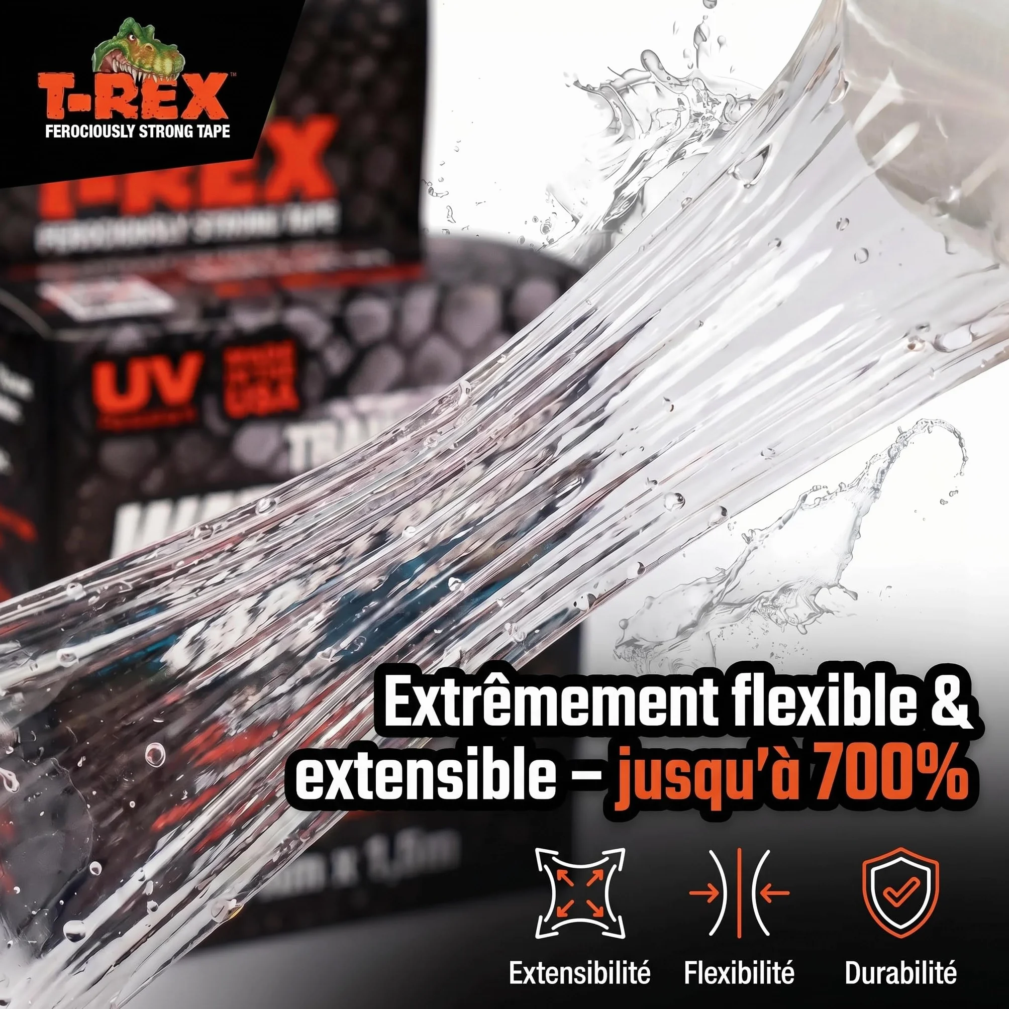 Ruban adhésif transparent étanche T-REX 50mm x 1,5m résistant aux UV chaleur piscine extérieur